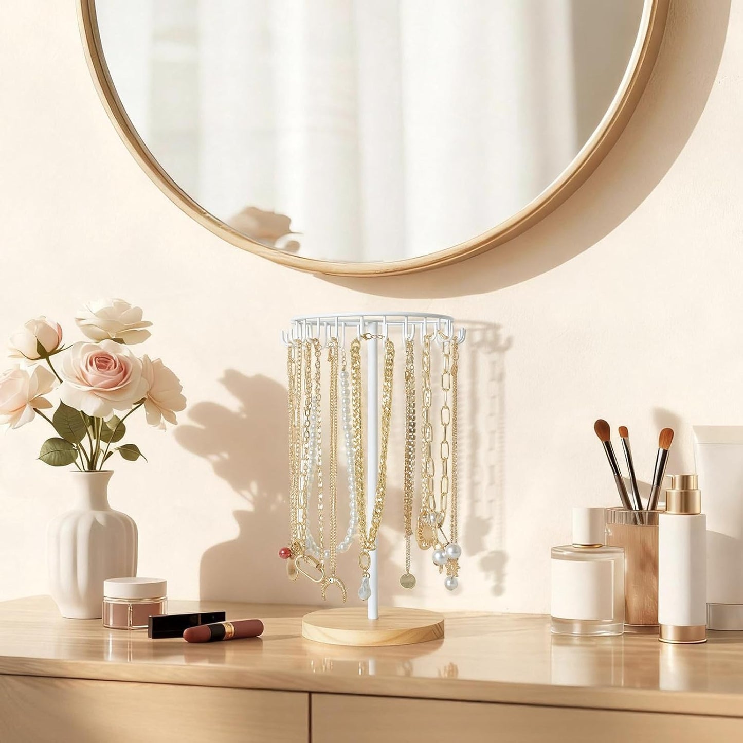 Mkono Necklace Holder Metal Jewelry Display Stand Necklace Organizer with 22 Hooks for Storage and Hanging Bracelet Keychain Home Room Decor for Women,White
