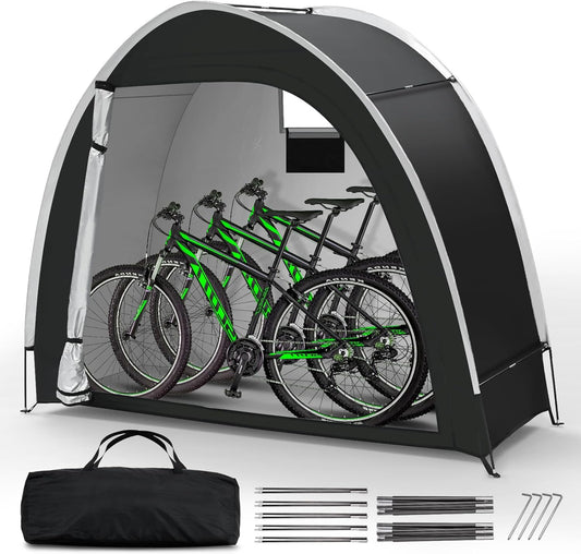 Bike Storage Tent for Outdoor, 2 Bike Capacity with Extra Top Space, PU5000 Waterproof 210D Oxford Fabric with Taped Seams, Portable Floor Storage Shed for Bicycle, Motorcycle & Garden Tools, etc