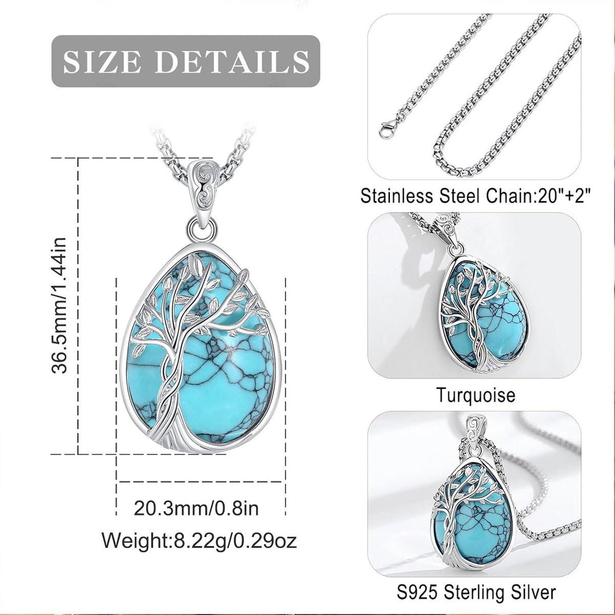 EUDORA Moonstone Turquoise Necklace for Women S925 Sterling Silver, Angel Tears Water Droplets Pendant Grandma Necklace Jewelry for Women Gifts for Mother in Law Mothers Day Gifts for Mom, 20"