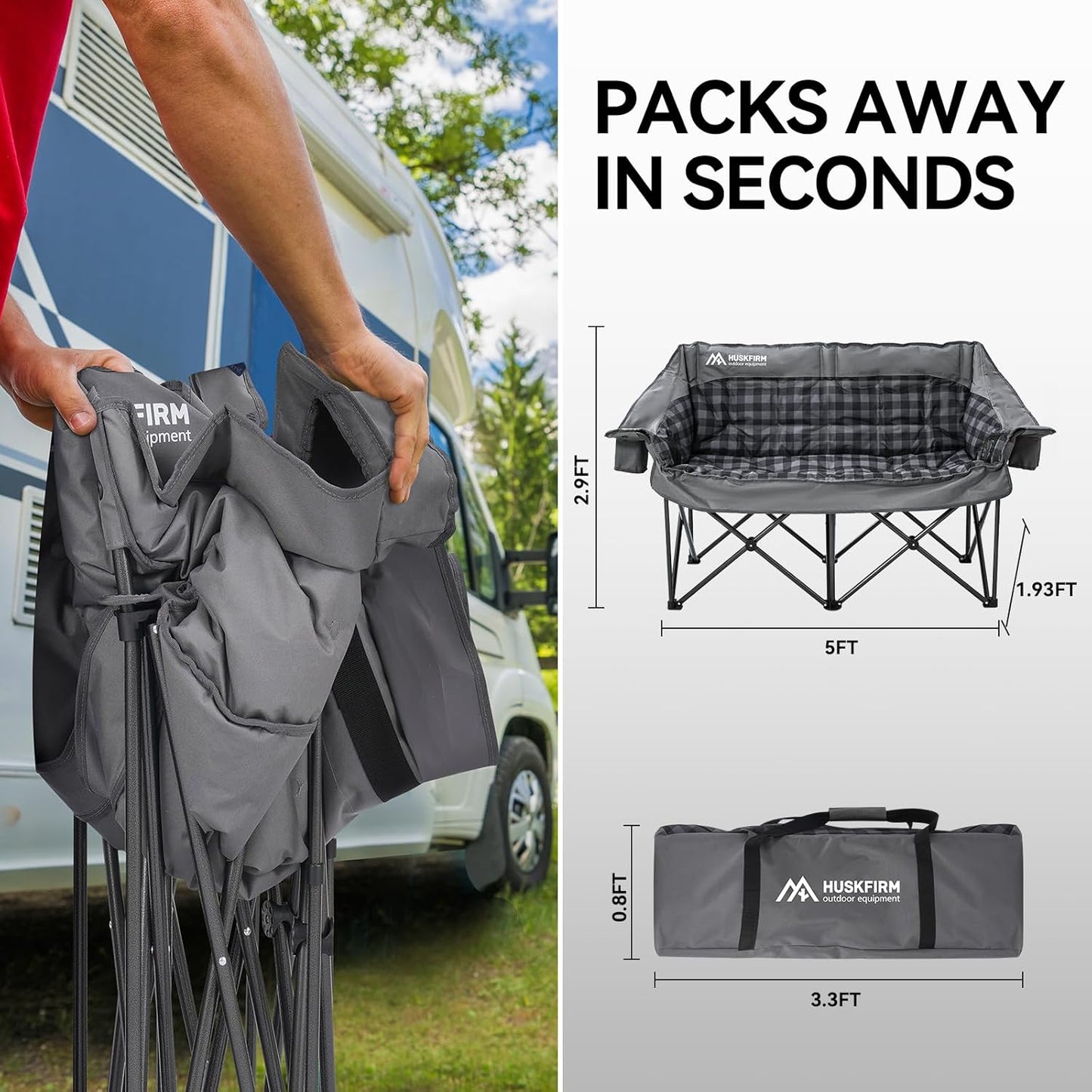 Double Camping Chair Padded 2 Person Camping Chair Camping Loveseat - Heavy Duty Oversized Camping Couch for Adults Outdoor Lawn Beach - Portable Folding Sofa with Cup Holders and Carry Bag, Grey