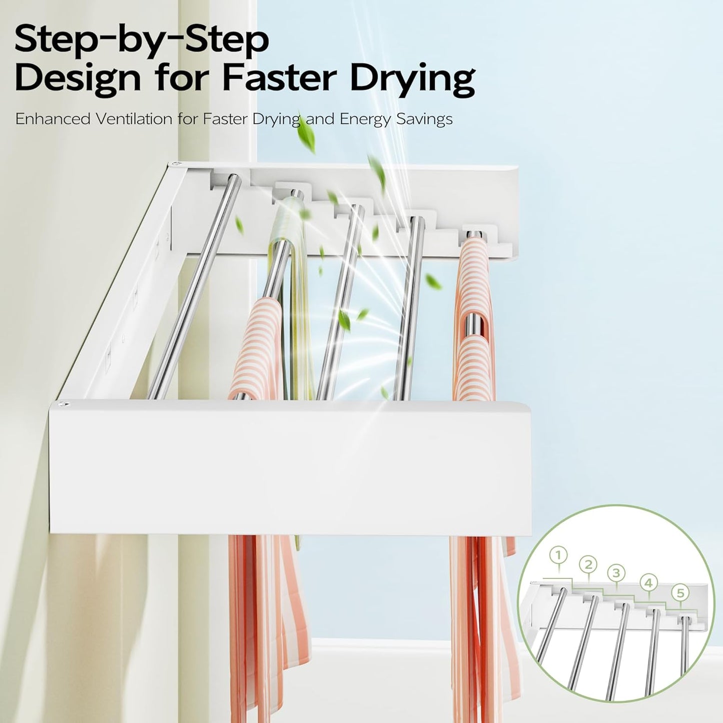 Vikaqi Wall Mounted Clothes Drying Rack 32", Foldable Wall Mount Laundry Rack Folding Indoor, Drying Rack Clothing Collapsible, Hidden Space Saver with Wall Template, 5 Rods, White