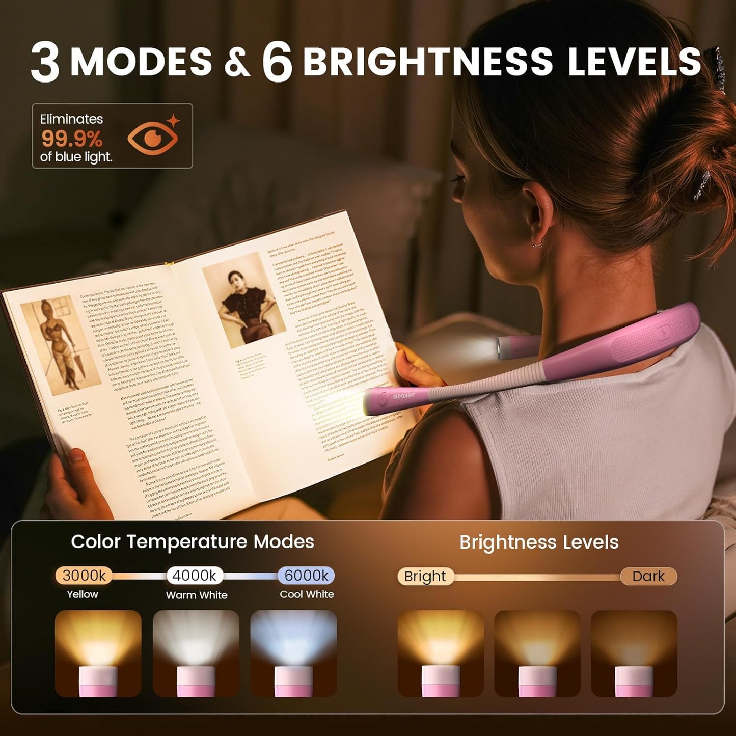Glocusent Book Light, 3-Color & 6-Brightness Reading Light, Bendable Neck Light, 80-hr Lasting Rechargeable Book Light, Perfect Reading Lights for Books in Bed, Knitting, Book Lovers Gifts - 1Pack
