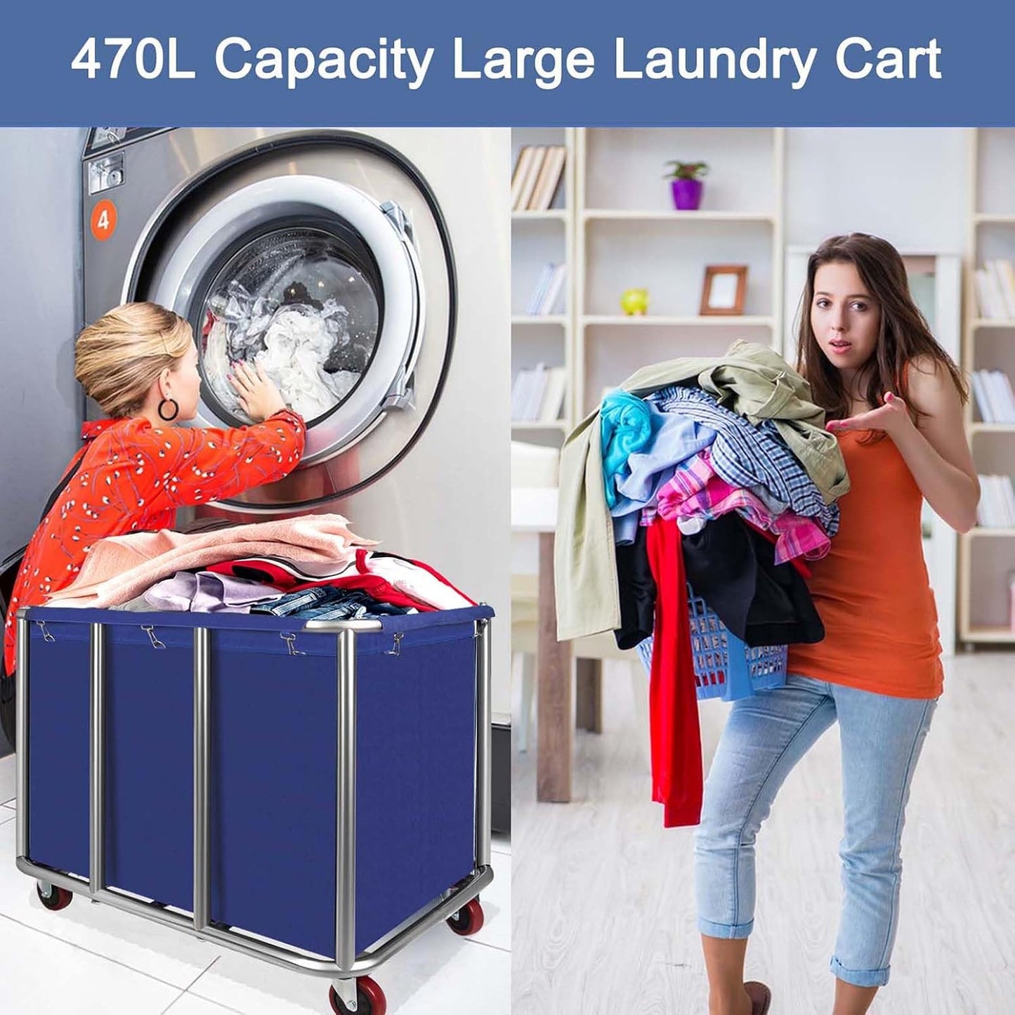 Commercial Laundry Cart with Wheels, 470L Industrial Rolling Laundry Basket, Large Heavy Duty Laundry Sorter with Watertight Oxford Bag & Sturdy Steel Frame for Home, Hotel, Hospital, 440 lbs (Blue)