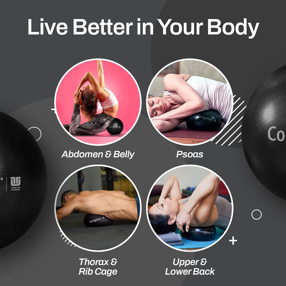 Tune Up Fitness – Coregeous Ball | Psoas Release Tool, Abdominal, Belly & Lower Back Release | Core Ball, Exercise Ball for Low Back, Stress & Digestive Relief, Improved Breathing & Sleep (Graphite)