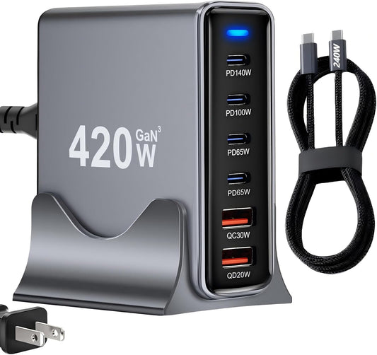 420W USB C Fast Charger Block, PD 3.1 140W USB C Charging Station, GaN Ⅲ Multi-Port PD PPS Fast Charging Station for Multiple Devices,Laptop Wall Charger Compatible with MacBook iPad iPhone 17/16 etc