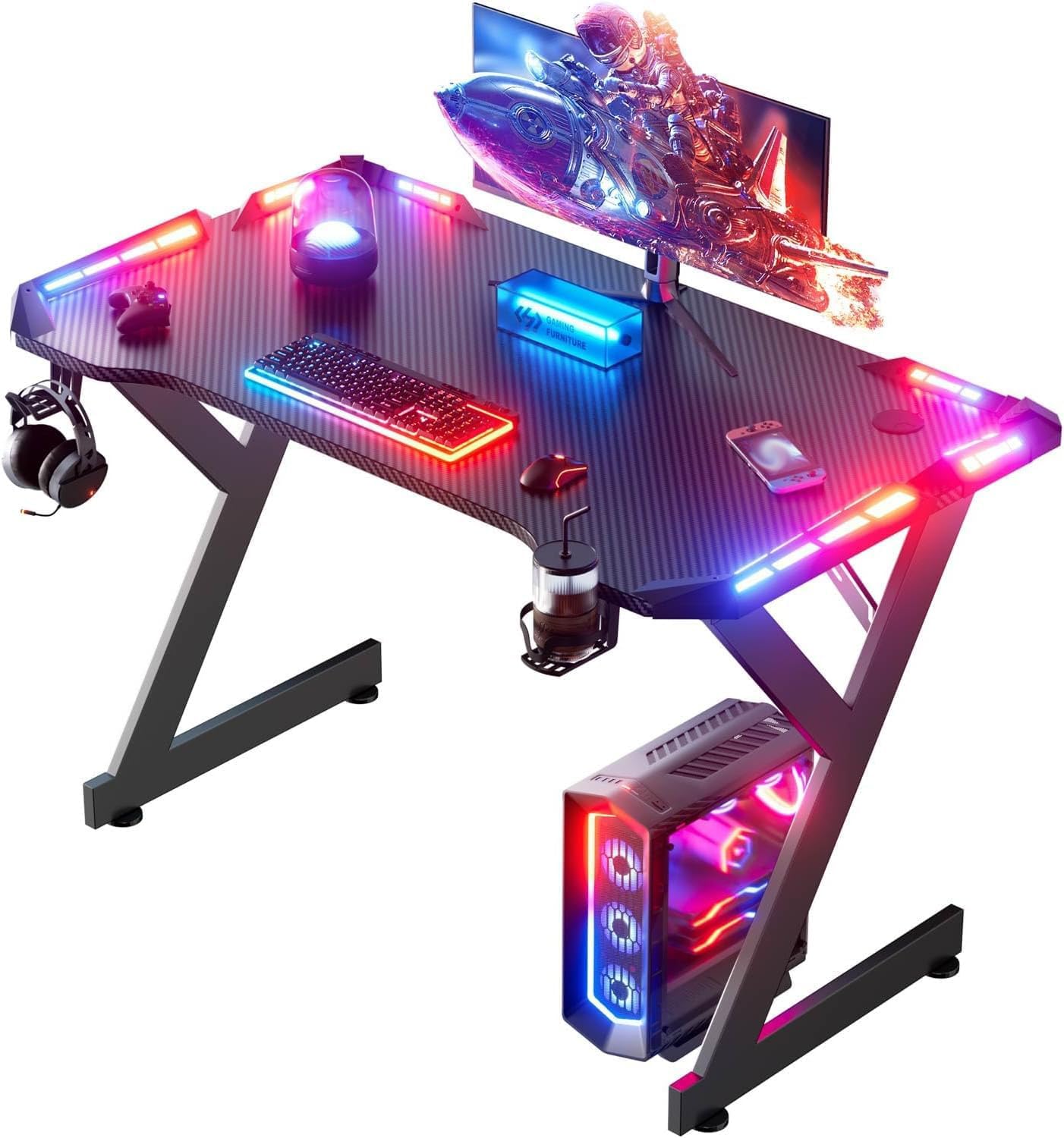 HLDIRECT 47 Inch Gaming Desk with LED Lights, Ergonomic Computer Gaming Table with Carbon Fibre Surface, Sturdy PC Workstation Desk for Home Office with Headphone Hook, Cup Holder, Black