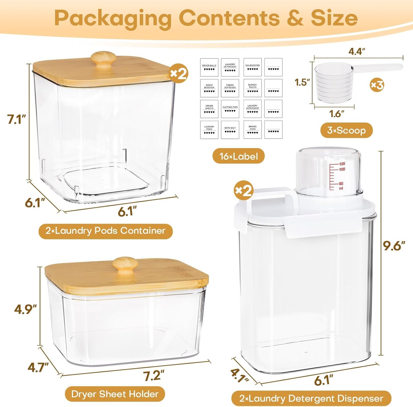 Homde Clear Laundry Detergent Dispenser: 3+2 Pack Reusable Pods Container with Lids for Dryer Balls - Plastic Sheets Holder Set for Scent Booster