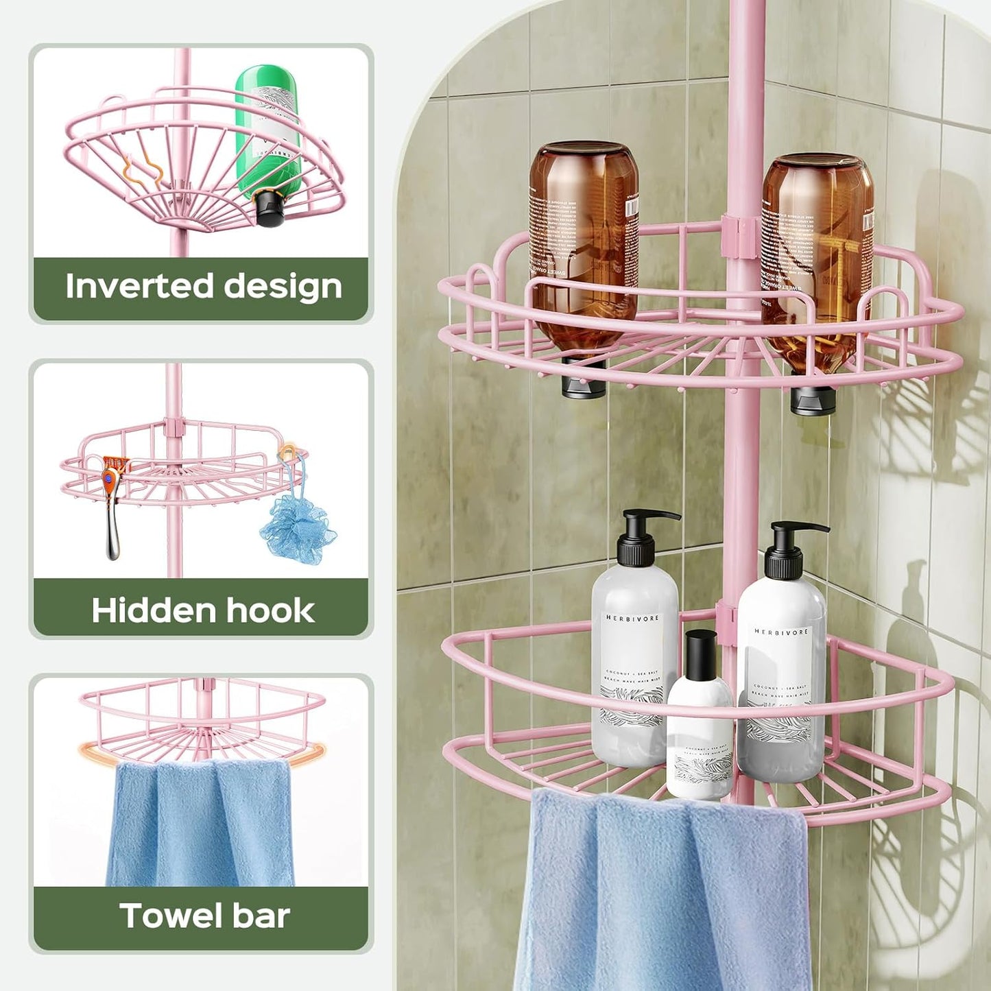 HAMITOR Corner Shower Caddy Tension Pole: 4-Tier Rust-Resistant Adjustable Bathroom Organizer Shelves - 47-121 Inch No-Drill Quick Installation - Space-Saving Storage for Renters Family - Pink
