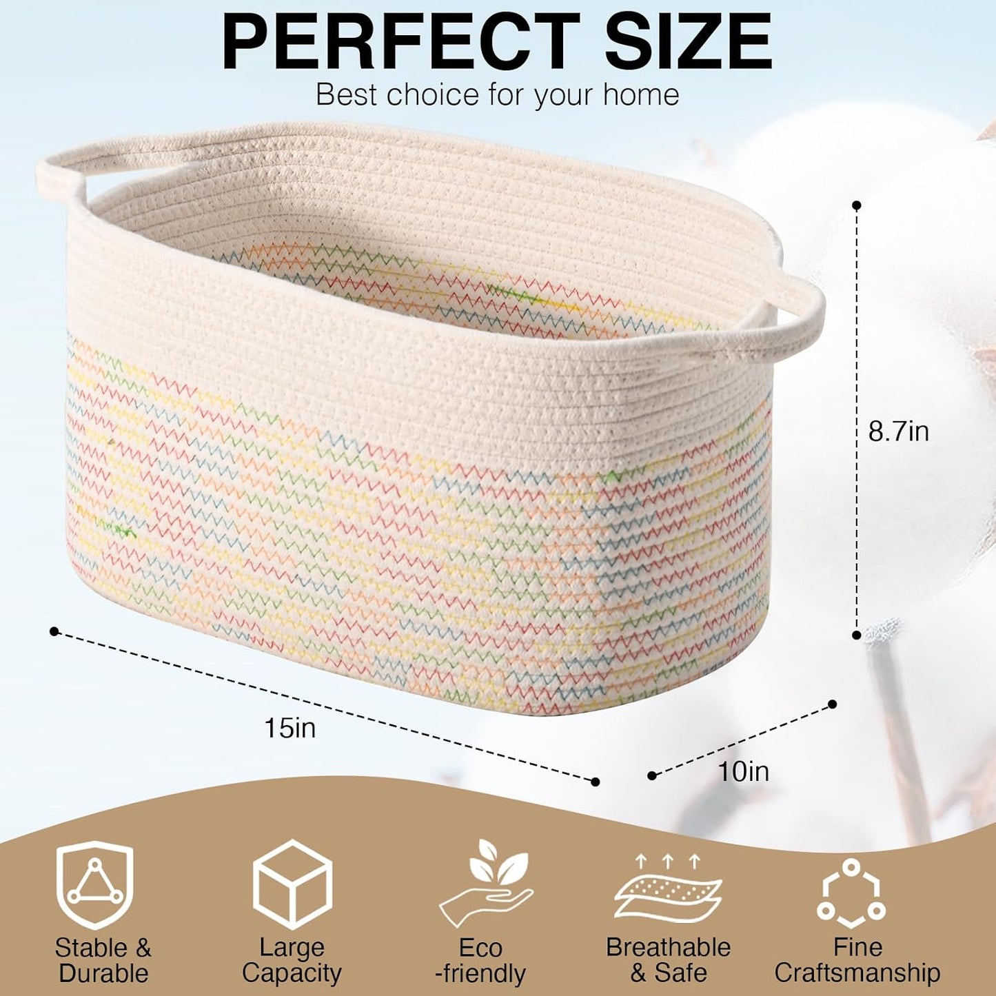 DUHEL Cotton Rope Woven Storage Basket(White&Colored Stitching-3Pcs) | Used for Baby Hamper Toy Organizer, Gift Baskets Empty,Kids,Baby,nursery. Size 15x10x8.7 Inches.
