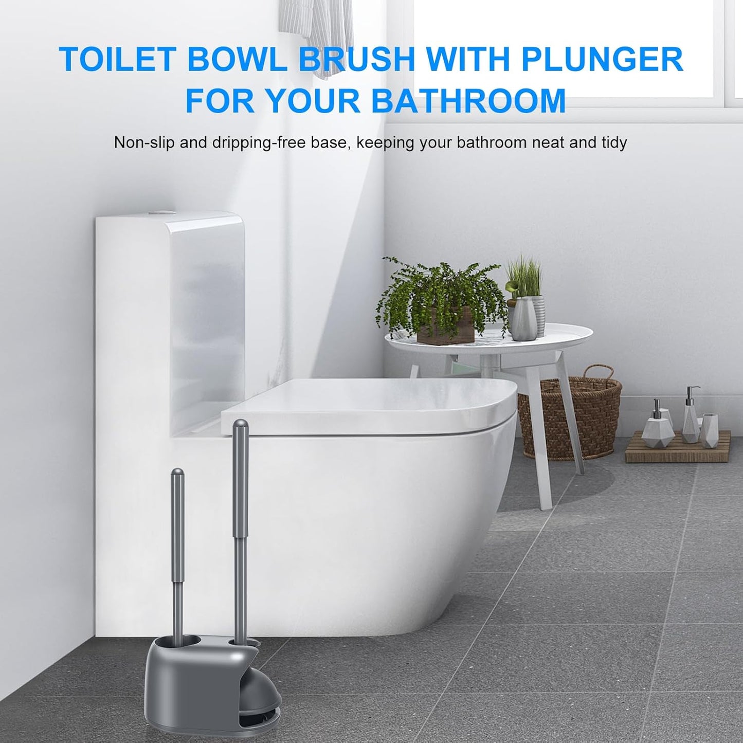 SetSail Toilet Brush and Plunger Set, Semi-Hidden Toilet Plungers Heavy Duty Toilet Bowl Brush and Holder for Bathroom Toilet Plunger and Brush Set for Deeply Cleaning - Gray