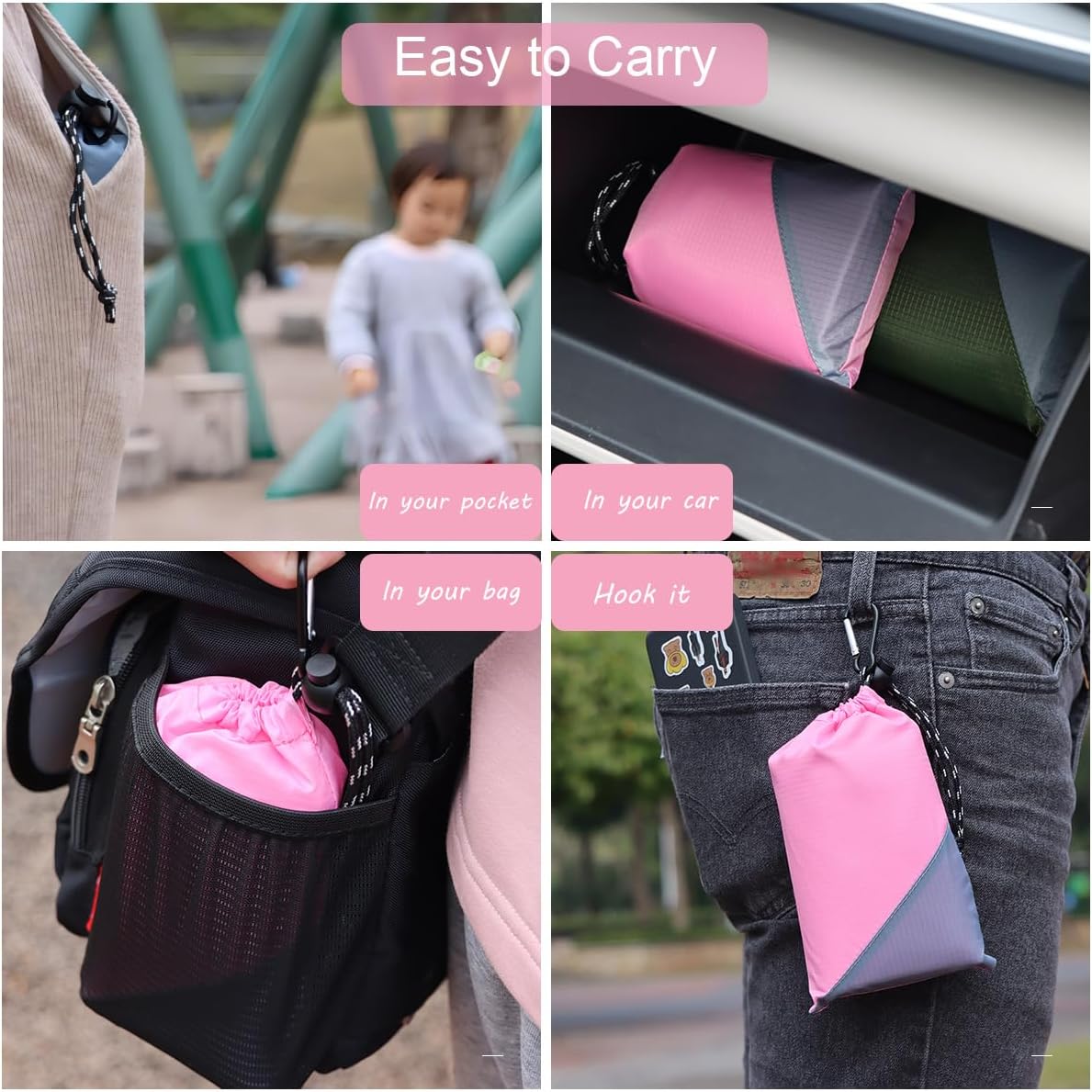 Orga'Neat Pocket Picnic Blanket, Beach Mat Waterproof Sandproof, Compact Lightweight Small Tarp for Camping, Hiking, Backpacking, Festival, Travel, Foldable in Bags (Pink/Grey, 55"x60")