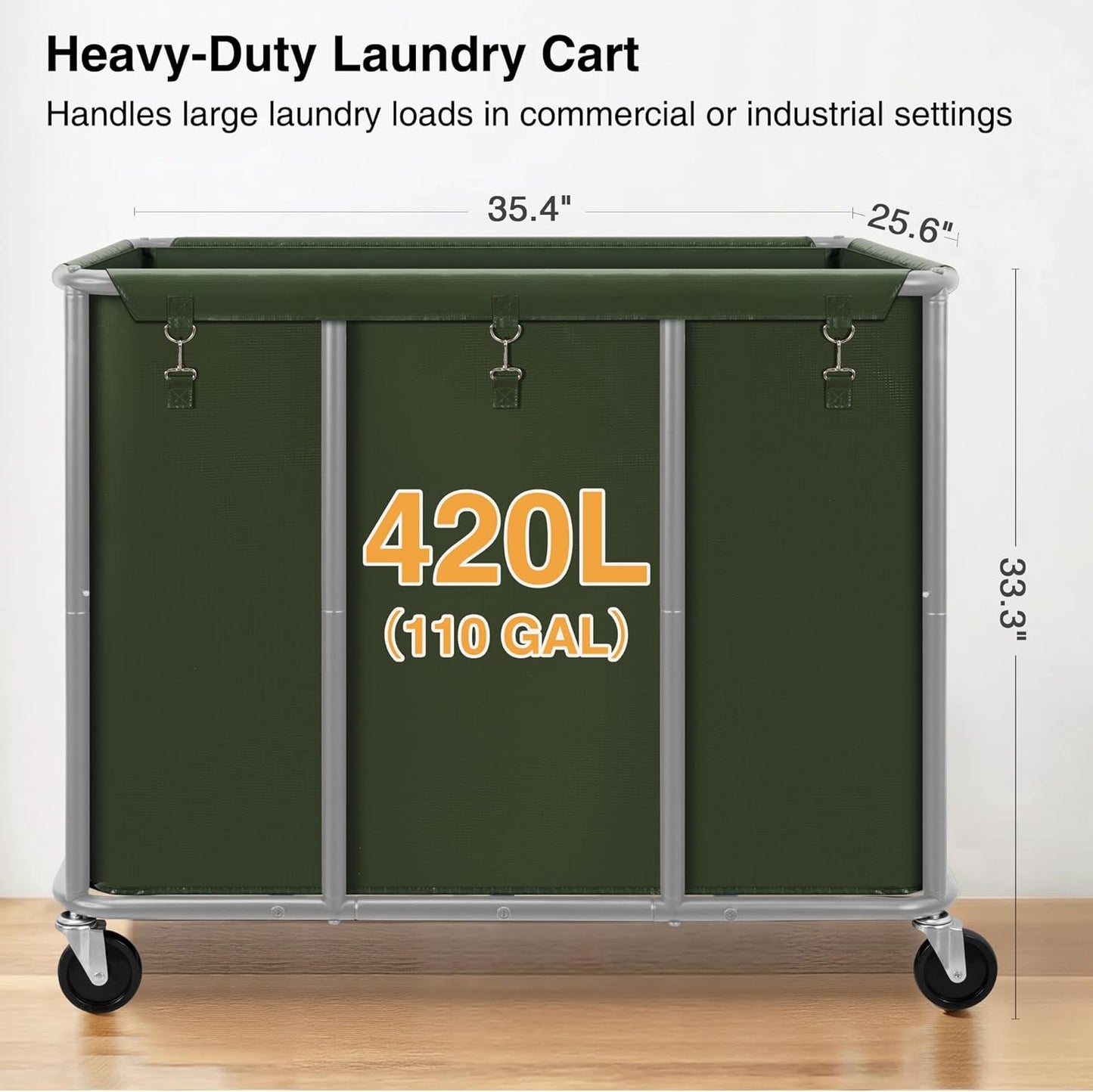 STO STO Commercial Laundry Cart with Lockable Wheels, Large 420L Industrial Rolling Laundry Hamper with Steel Frame, Removable Waterproof Bag, 400 lbs Capacity for Hotels, Hospitals, Factories, Green