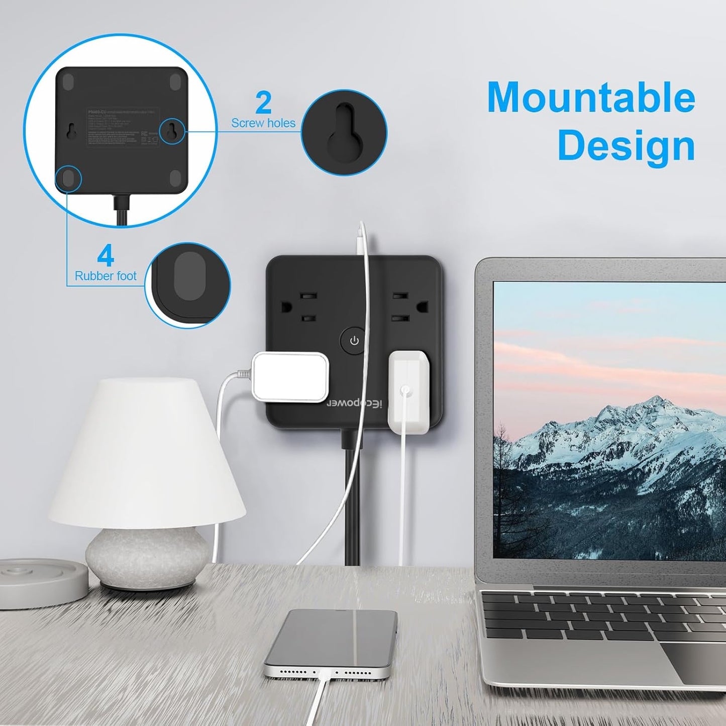 2 Pack Ultra Flat Plug Power Strip,Power Strips with Surge Protection-4 Widely Outlets,6 ft Flat Plug Extension Cord with 3 USB Ports(1 USB C Port),Slim Desk Charging Station,Black