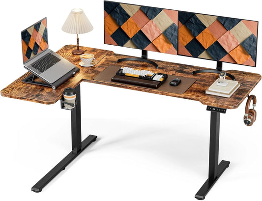 Acrolix L Shaped Electric Standing Desk - 59x40 Inch Reversible Corner Sit Stand Desk with Hook&Cup Holder,Electric Height Adjustable Table,for Home Office Gaming Computer Desk, Rustic Brown