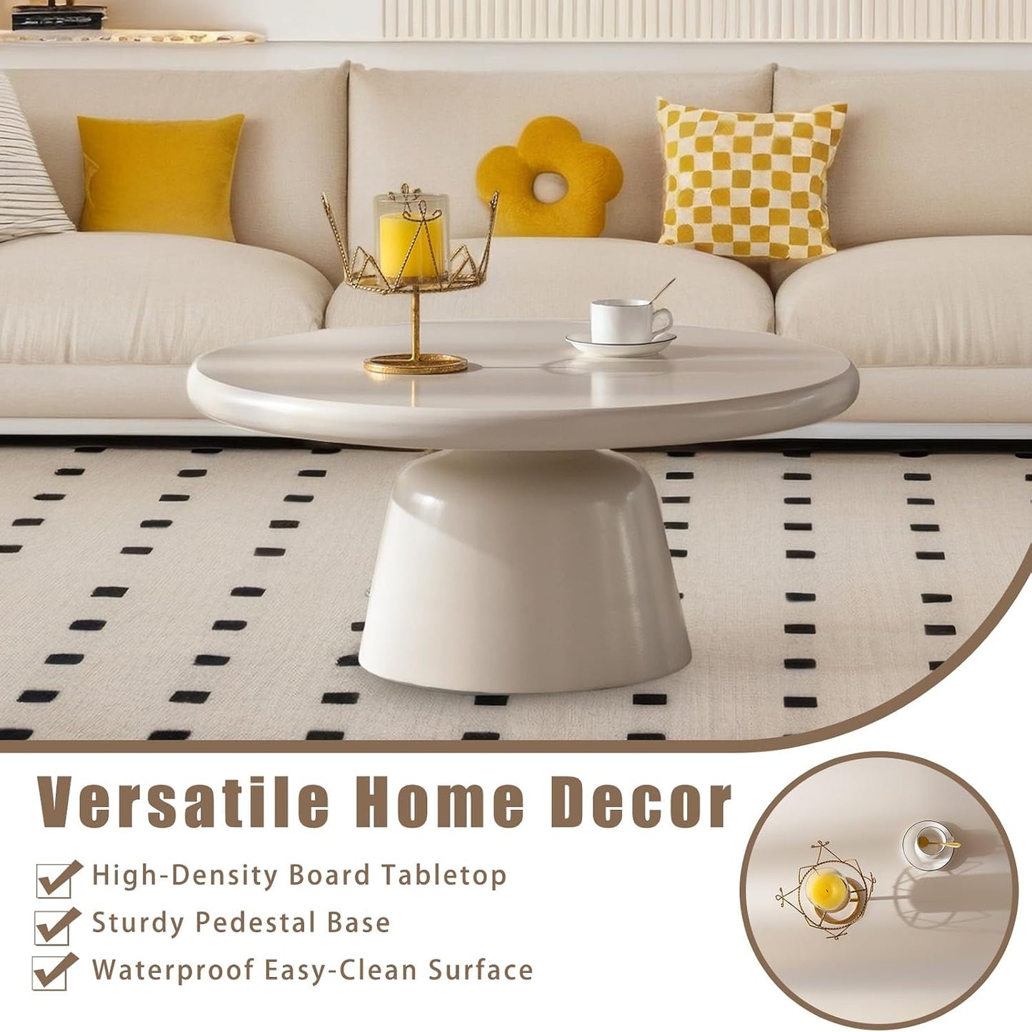 White Round Coffee Table (G White 31.5in) | Modern Unique Coffee Table for Living Room，Round Pedestal Center Table for Farmhouse