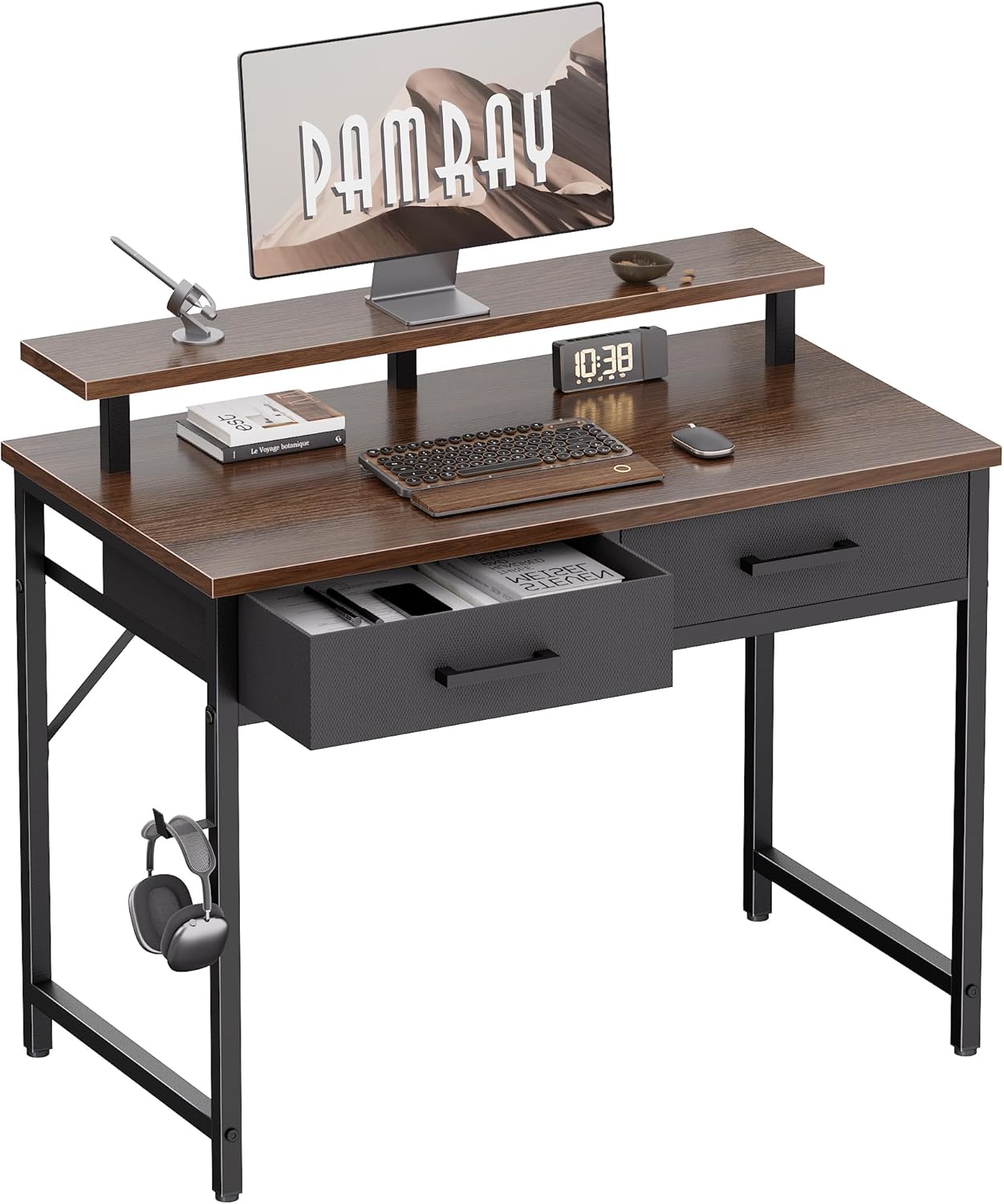 Pamray 32 Inch Small Computer Desk with Monitor Stand Home Office Desks with 2 Drawers for Bedroom Study Writing and Work Table for Small Spaces Pink