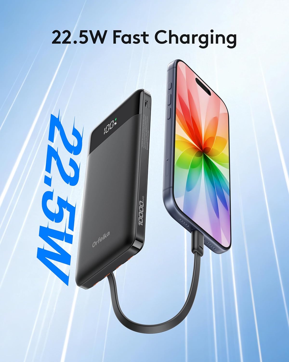 Orfeika Portable Phone Charger, 10000mAh Portable Charger 22.5W Fast Charging Power Bank with Built-in Cables, Travel Essential Battery Pack Compatible with iPhone, Samsung, Google, iPads, etc