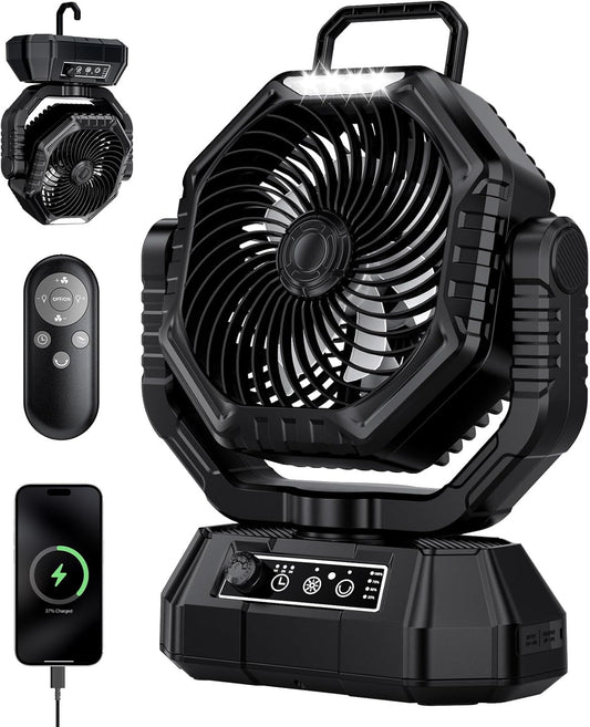 AJVV Camping Fan, Oscillating Battery Powered Portable Rechargeable Hanging Tent Fan with Light and Remote for Camp, Outdoor, Emergency Power Outage, Fishing, RV Travel, Black