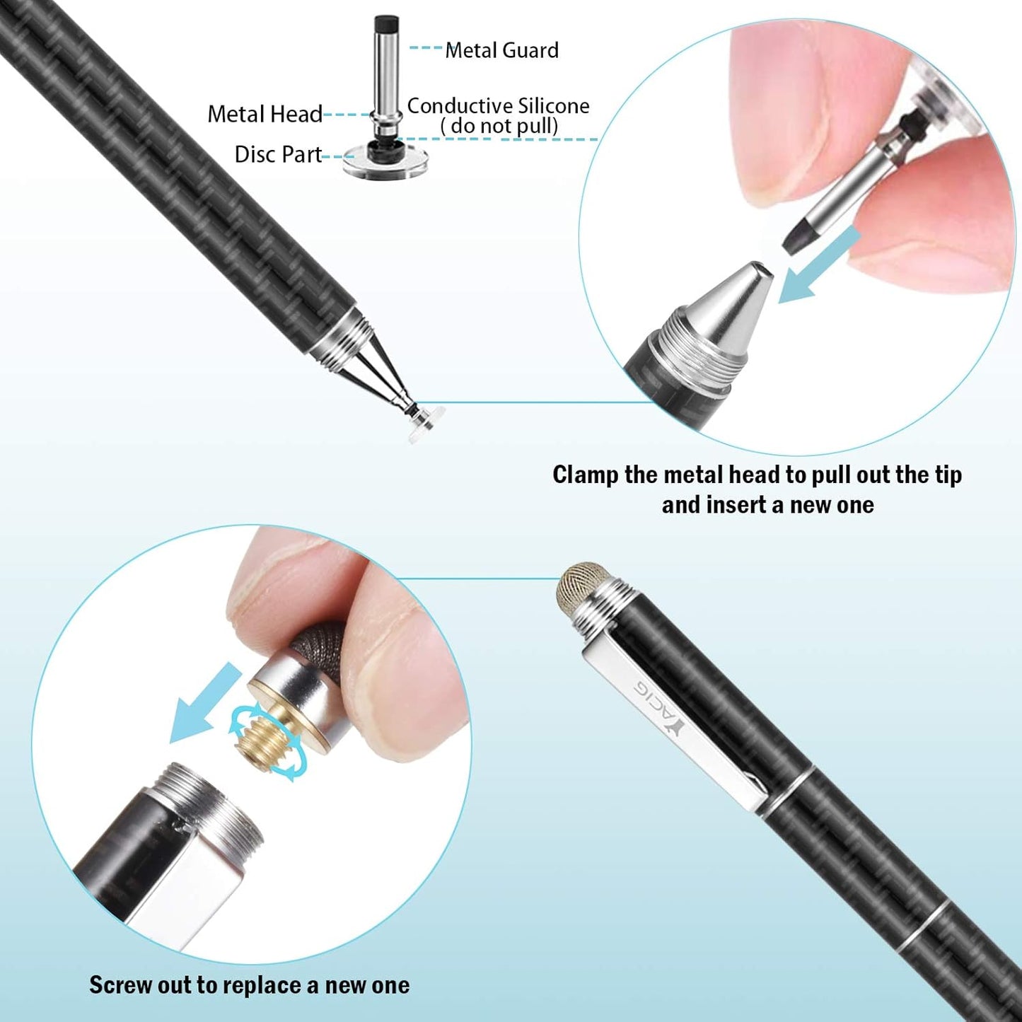 Capacitive Stylus Pen, 4-in-1 High Sensitivity and Precision Touch Screen Stylus Clear Disc Tip,Black Rubber Tip &Mesh Fiber Tip Compatible with Universal Touch Screen Device,Black