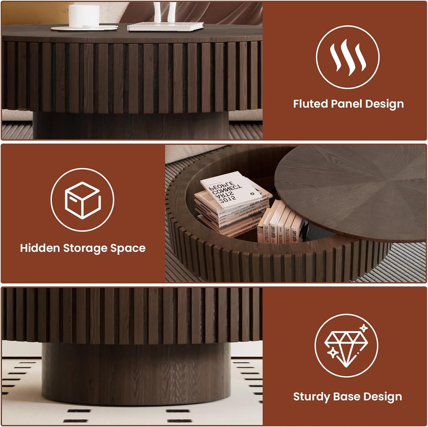 JHKZUDG 31.5'' Round Drum Coffee Table with Hidden Storage (Brown) | Fluted Coffee Table with Solid Wood Veneered Modern Wooden Circle Center Table Tea Table for Living Room Home Office