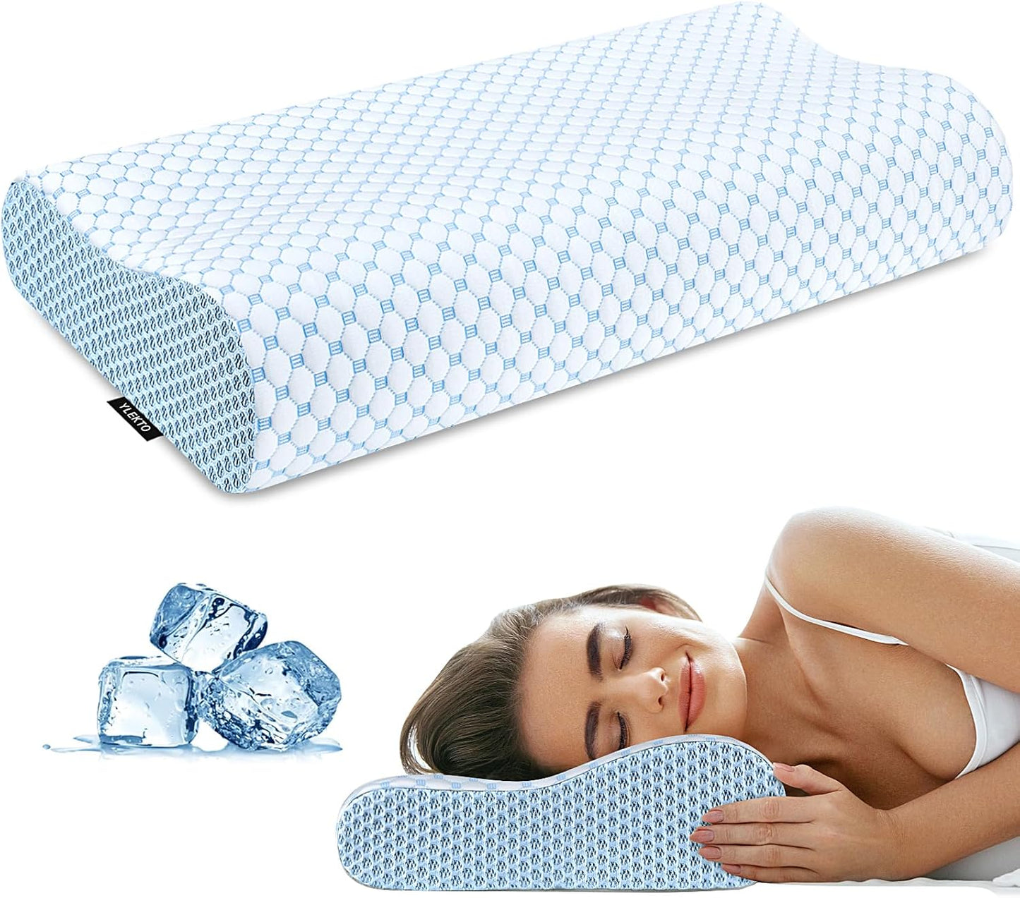 Cervical Neck Pillow for Pain Relief - Ergonomic Contour Memory Foam Pillows, Cooling Side Sleeper Pillow for Sleeping, Orthopedic Bed Pillow for Back Stomach Sleepers with Pillowcase(White & Blue)