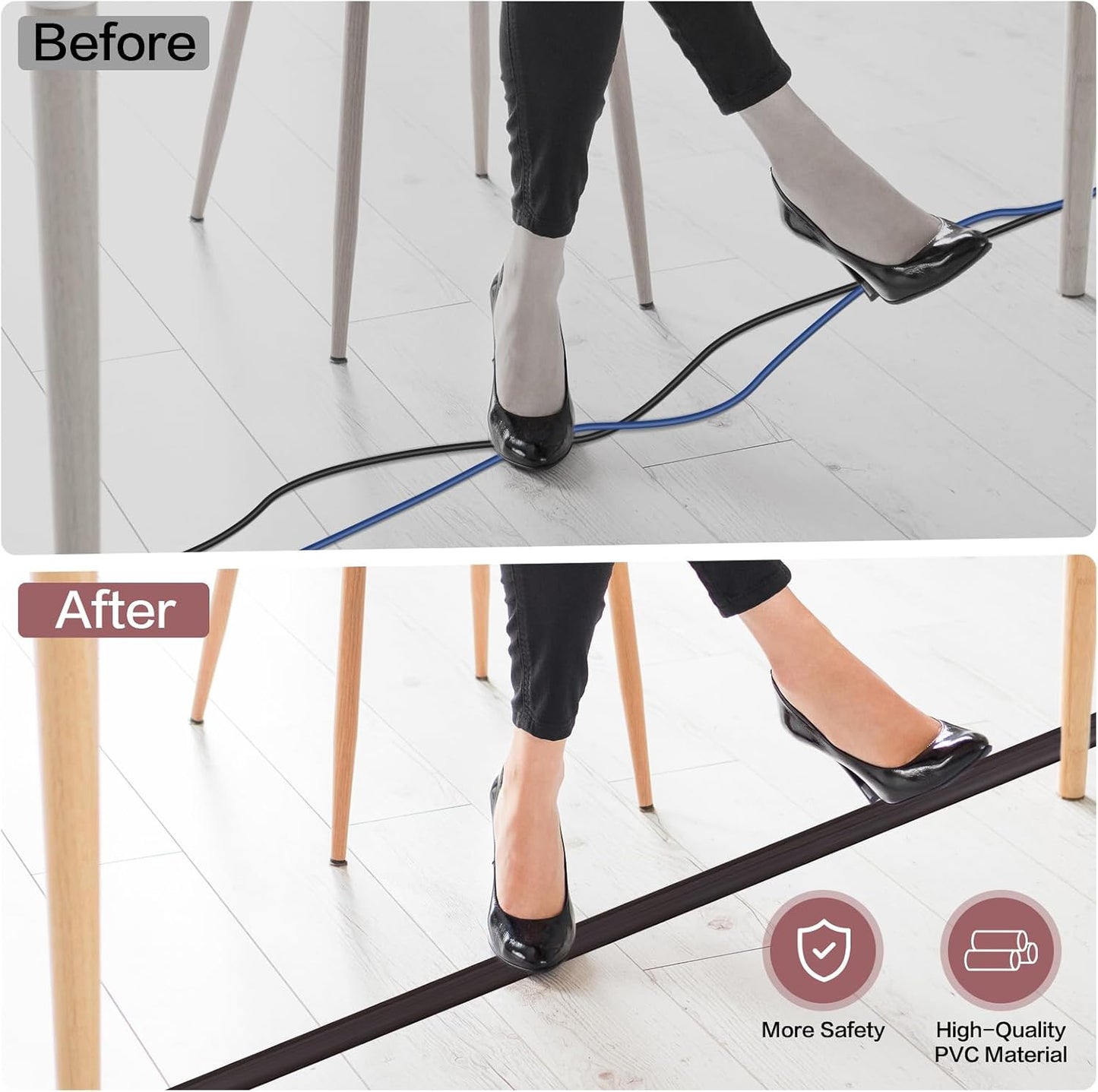 LSGCQ Floor Cord Cover Self Adhesive Cord Hider Floor Cable Management | Cord Covers for Wires on Floor Cable Cover, Prevent Cable Trips, Cable Cavity 0.32" W x 0.32" H, 10Ft, Dark Walnut