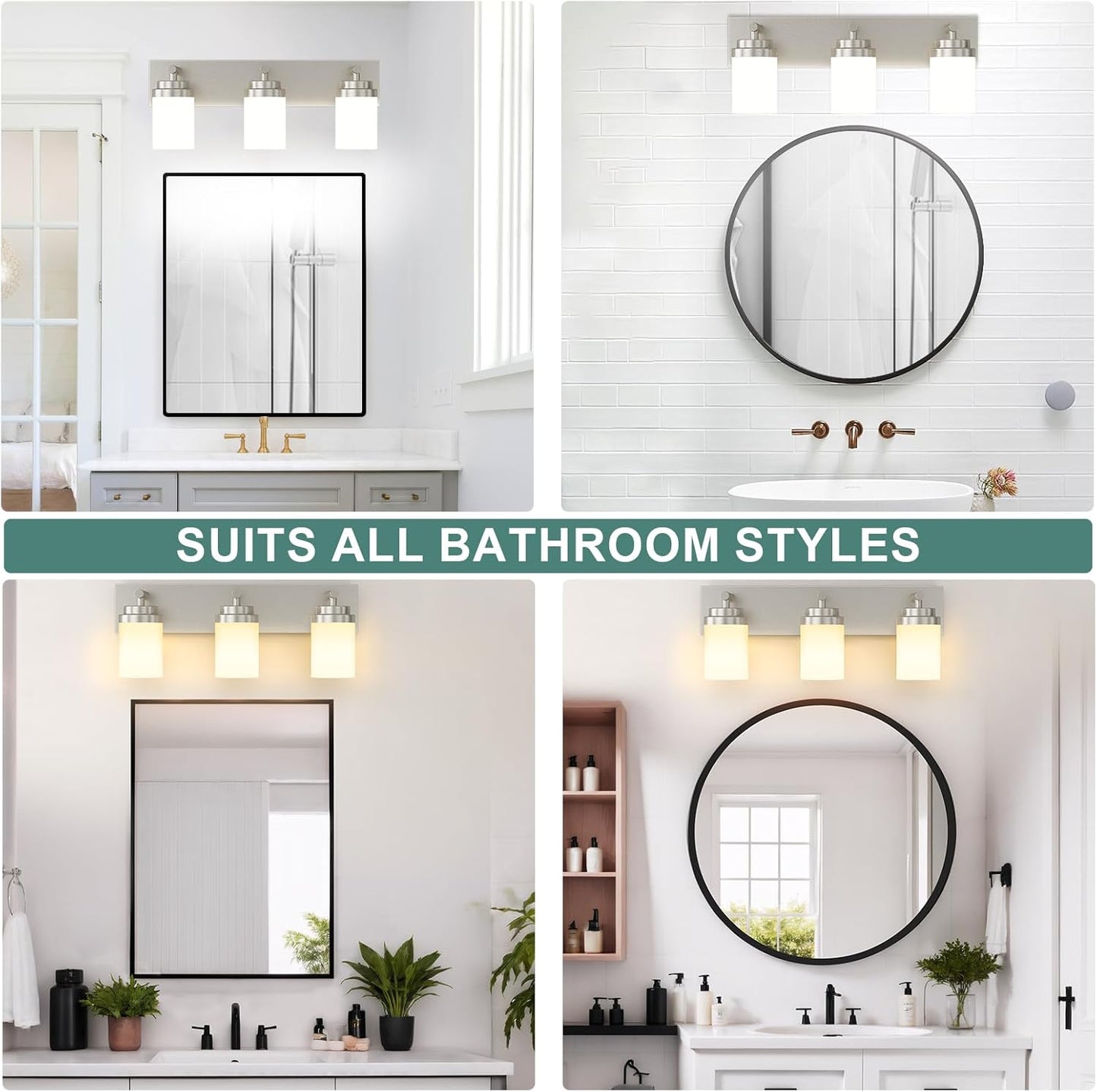 IZORRO Bathroom Vanity Light Fixture, 3-Light 22 Inch Brushed Nickel Bathroom Light Fixtures Over Mirror, with White Glass Shade, Modern Farmhouse Vanity Lights, Rustic Restroom Lighting Fixtures