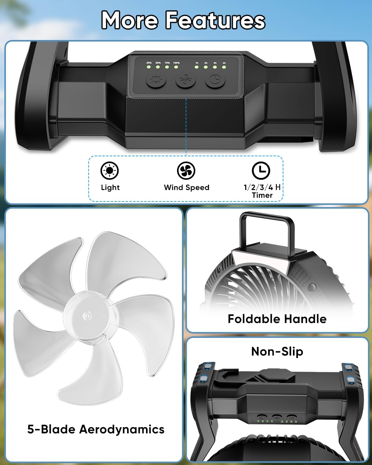 Portable Rechargeable Fan, 20000mAh Battery Powered Camping Fan with LED Light & Hook, 270° Adjustable, 4-Speed, 4H Timer Camping Essentials for Outdoor Tent Travel BBQ Car, Gifts for Men Dad