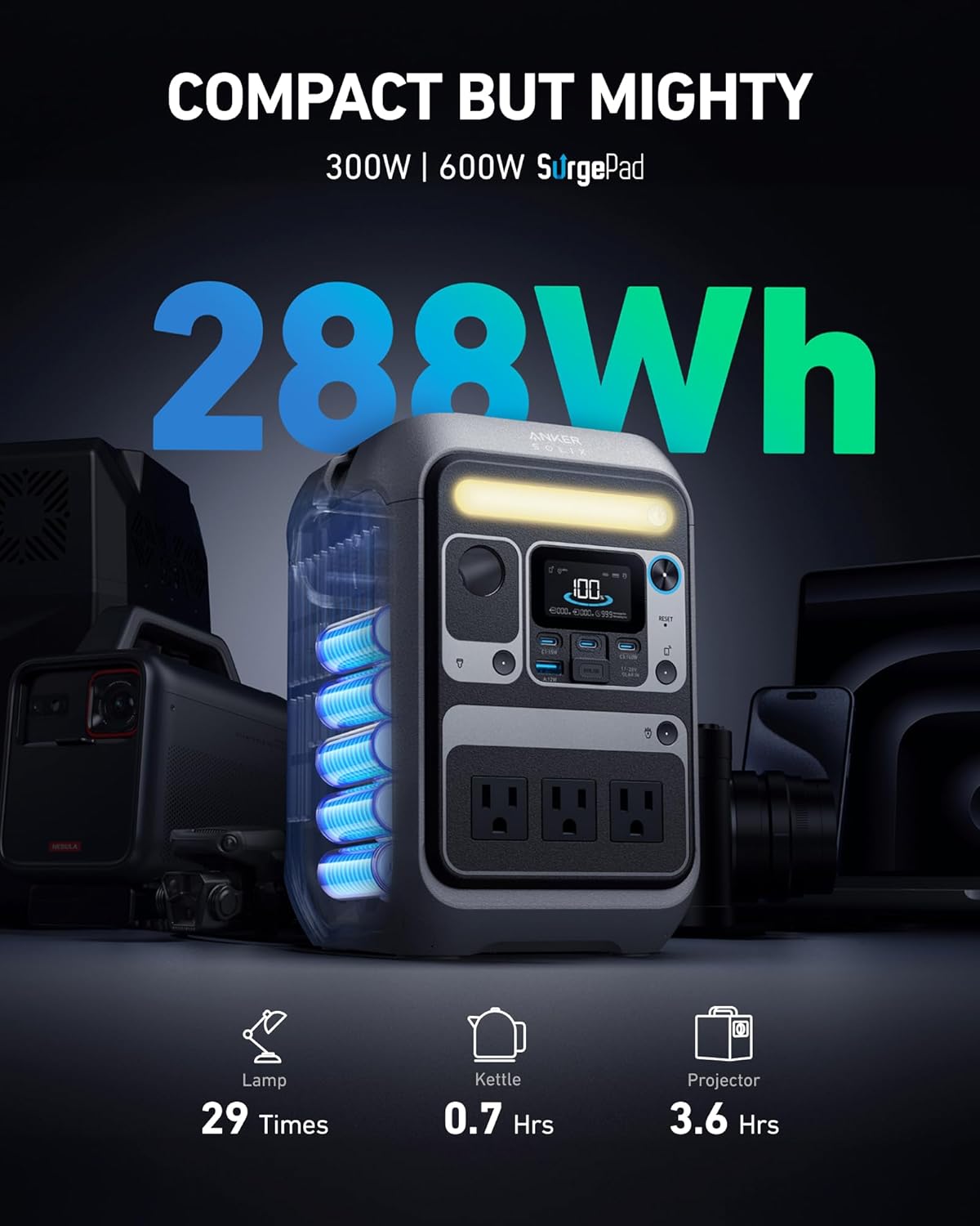 Anker Portable Power Station SOLIX C300, 288Wh LiFePO4 Backup Battery, 300W Solar Generator, 140W Two-Way Fast Charging, for Camping, Hunting, Travel, Blackout & Emergencies (Solar Panel Optional)
