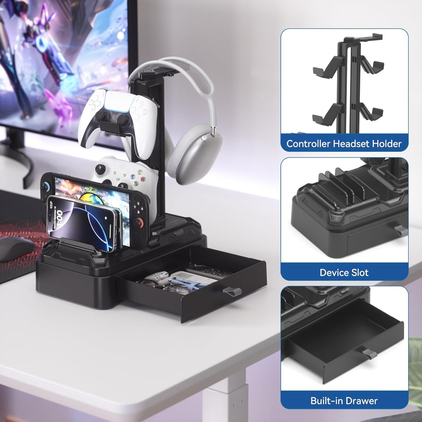 KDD Headphone Stand with Drawer - Rotatable Headset & Detachable Controller Holder for Desk - Multifunctional Organizer with Device Slot for Phones, Tablets - Universal for Gaming Accessories