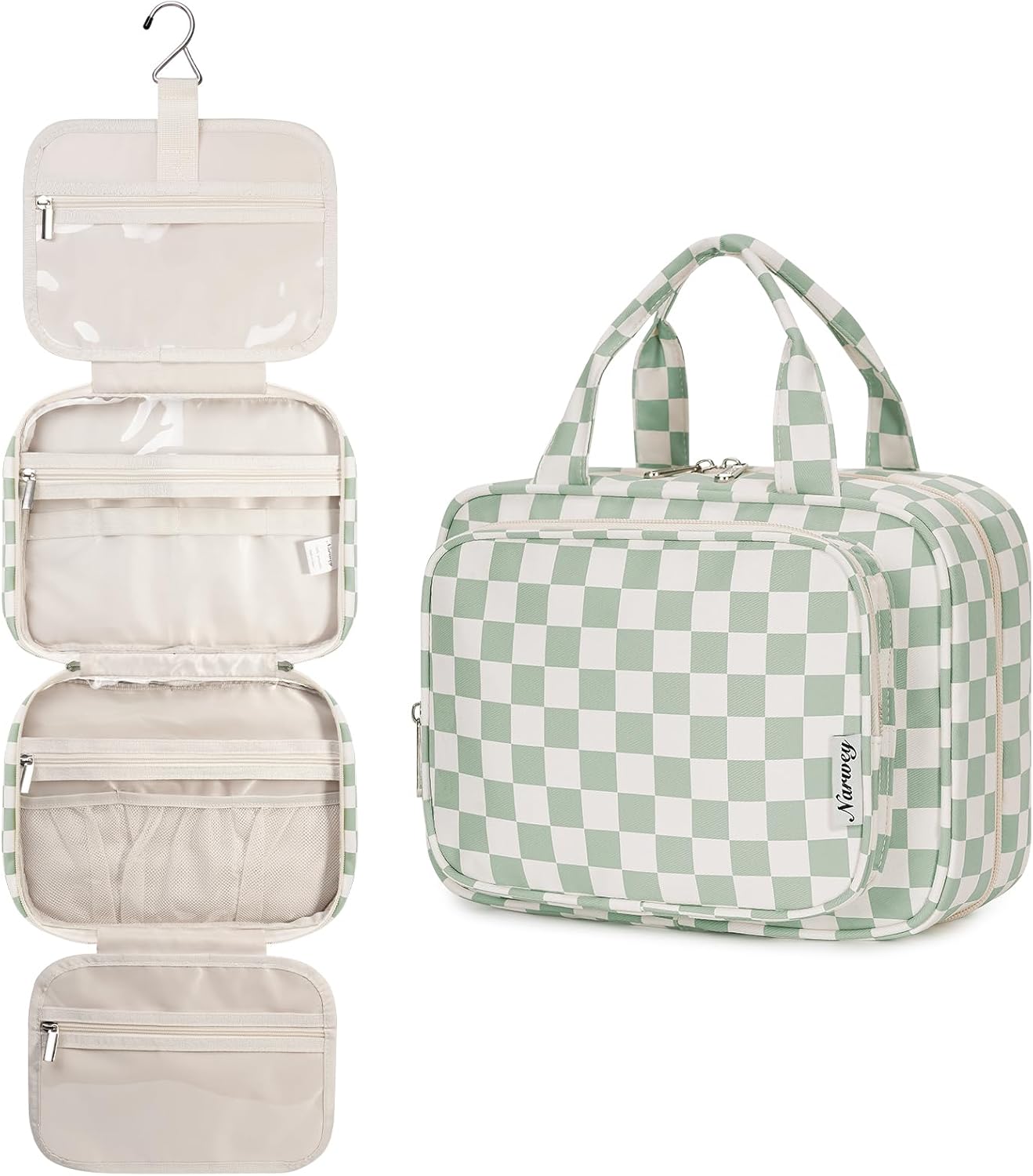Narwey Hanging Toiletry Bag for Women Travel Checkered Makeup Bag Organizer Toiletries Bag for Travel Size Essentials, Accessories, Brushes, Cosmetics (Green Checkerboard (Medium))