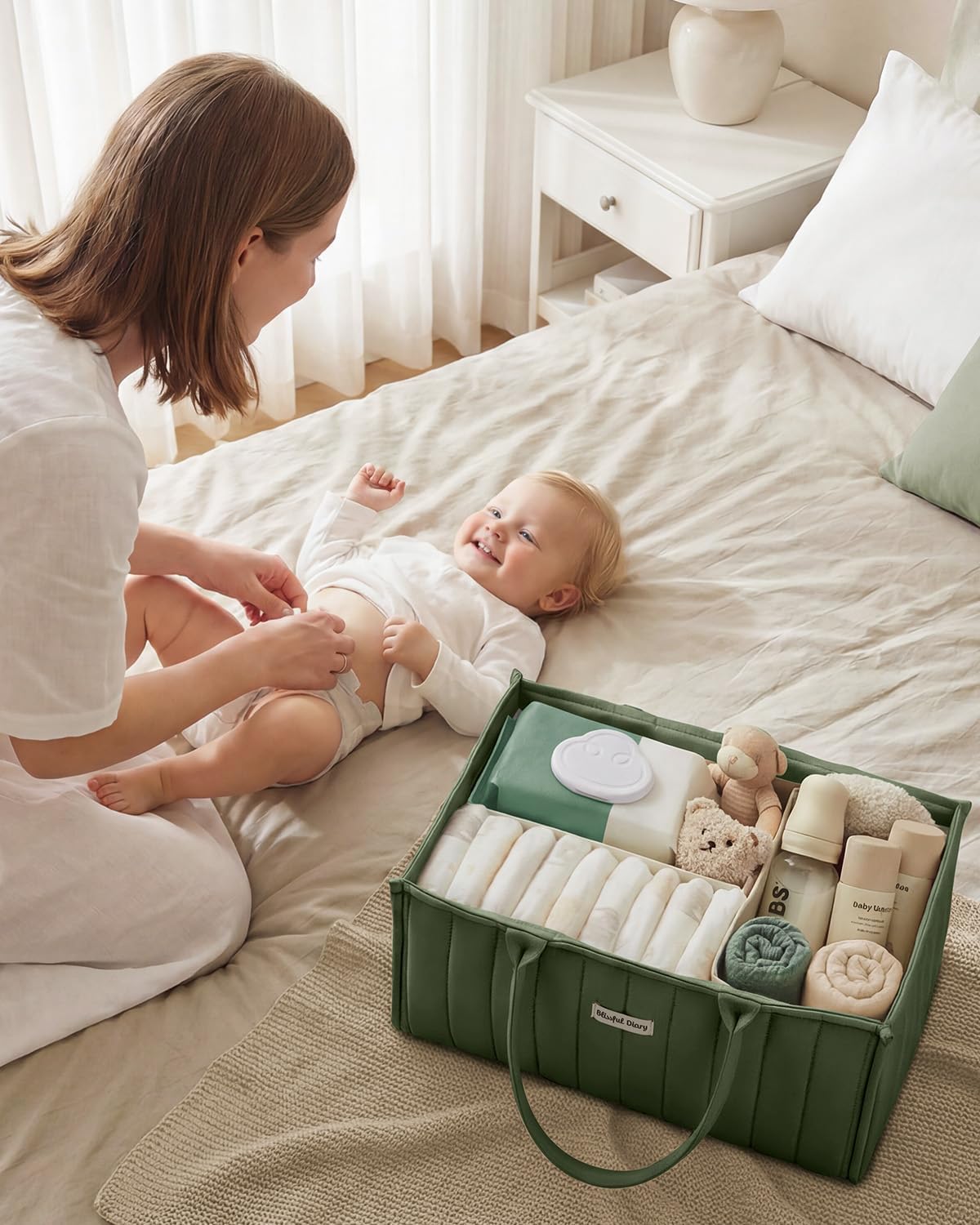 Blissful Diary Baby Diaper Caddy Organizer, Stylish Storage Basket for Newborn Essentials and Diaper Station, Gift for Baby Shower and Registry Must-Have, Deep Green