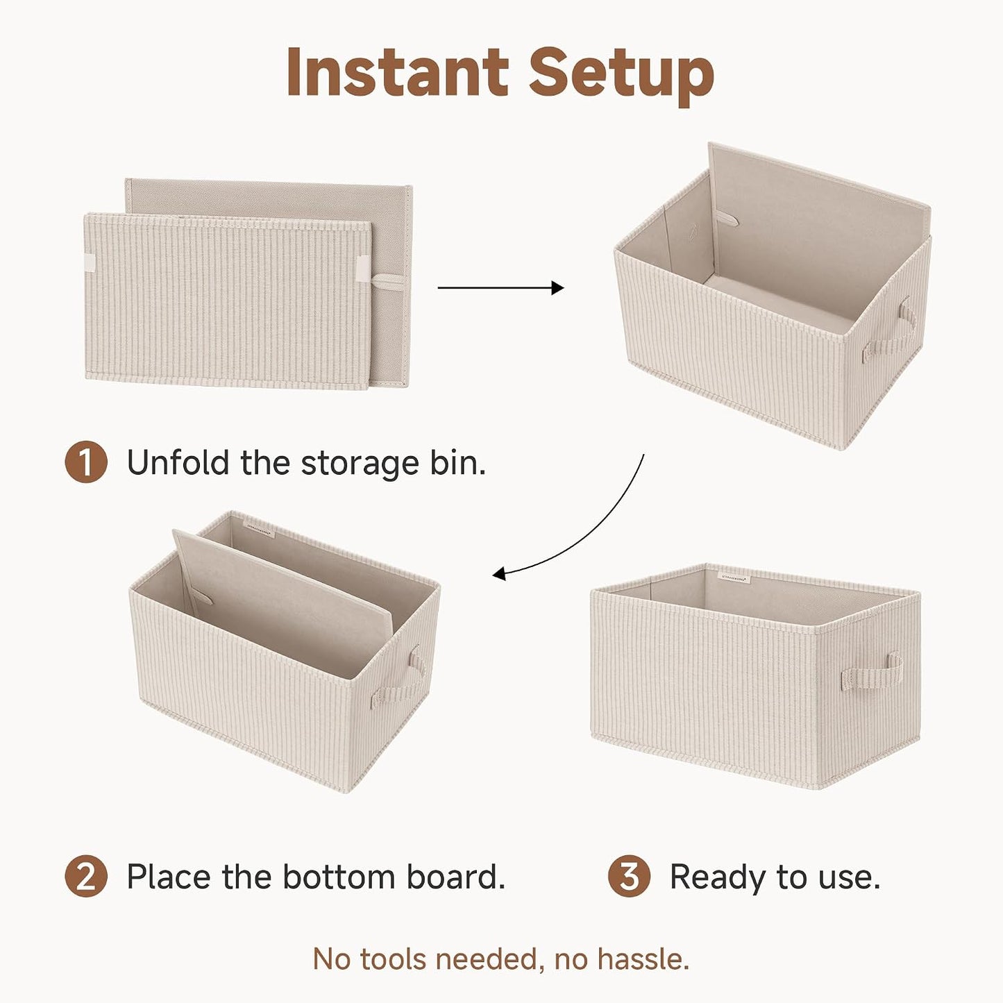 StorageWorks Shelf Organizer Bins, Beige Stripes, Extra Large, 3-Pack | Foldable Shelf Organizer Bins, Closet Storage Baskets for Clothes, Storage Bins for Organization
