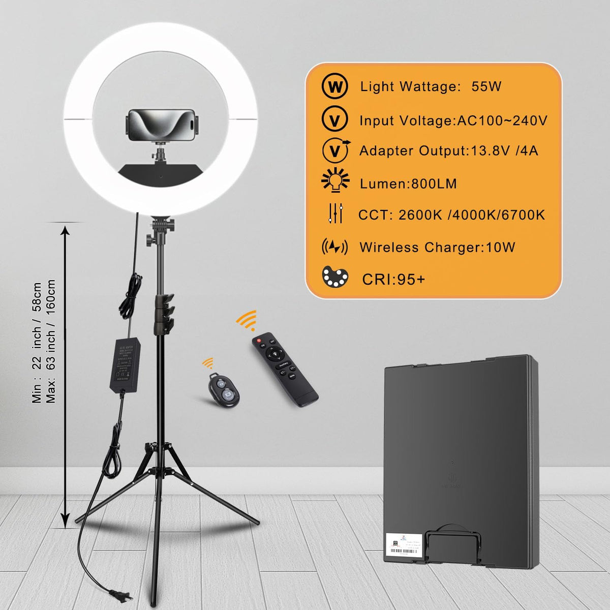 Ring Light 18 INCH Kit,55W6700k Dimmable LED Light, Tripod Stand, Remote Controller,Box for Camera,Smartphone,YouTube,TikTok,Self-Portrait Shooting,CRI95 (Black)