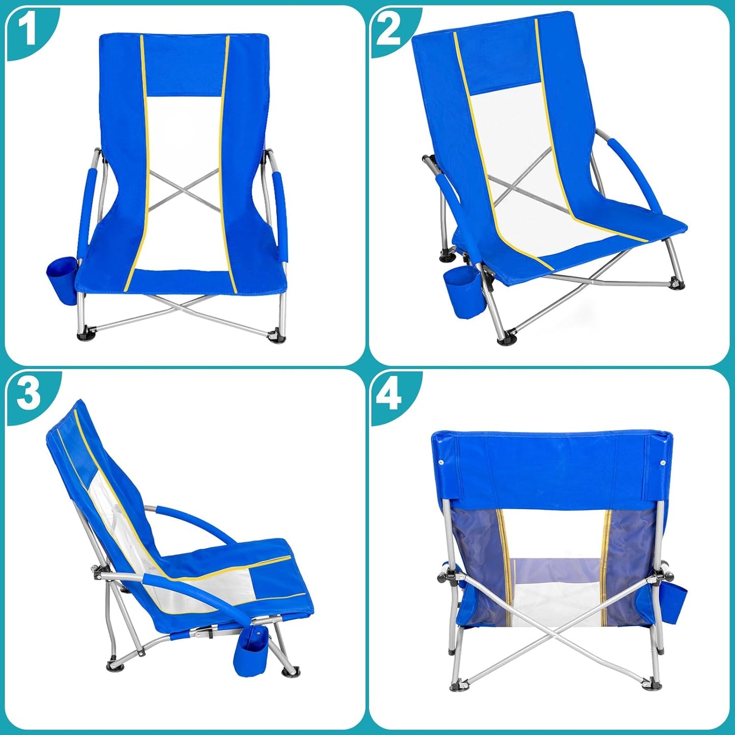 Romswi 2 Pack Lightweight Low Beach Chairs with Breathable Mesh Back, 6LBS Folding Portable Sand Chairs with Cup Holder, Heavy Duty 400lbs Capacity for Camping & Outdoor Use, Blue