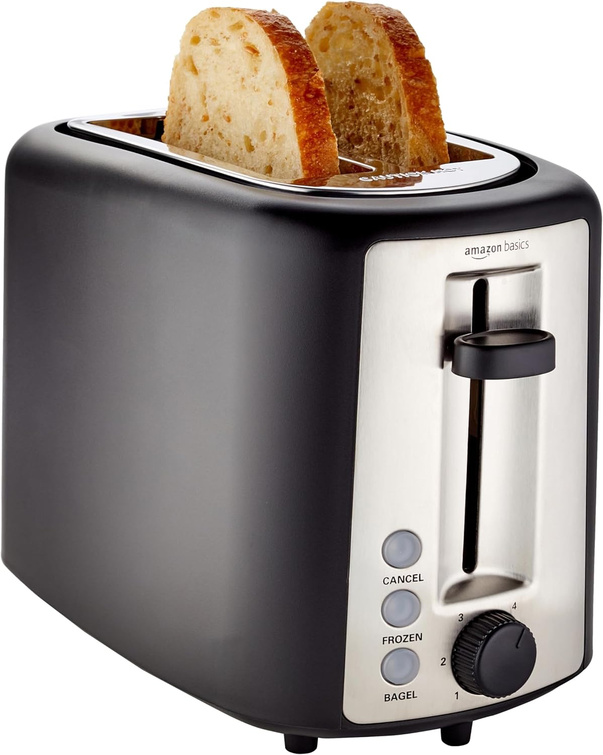 Amazon Basics 2 Slice Toaster, Extra Wide Slots for Bagels, 6 Browning Settings, Removable Crumb Tray, Defrost/Cancel/Bagel Buttons, Cord Wrap, 900W, Black & Silver