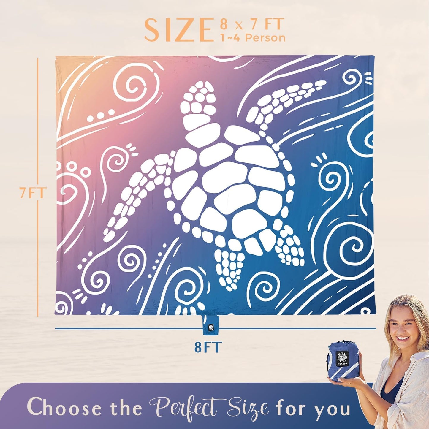 WEKAPO Beach Blanket Waterproof Sandproof Oversized Extra Large Sand Free Beach Mat with Stakes, Storage Bag - Essentials for Outdoor Beach, Picnic (Deep Blue Sea Turtle, 8 X 7 FT (1~4 Person))