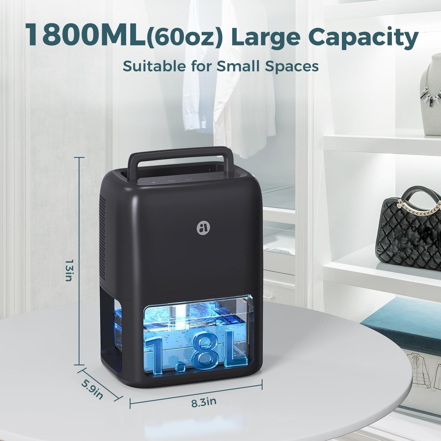 60 OZ Dehumidifiers for Home, Dual-Semiconductor Quiet Dehumidifier with Timer Auto-Off Sleep Mode 7 Colors Light Portable Small Dehumidifiers for Bathroom, Cloakroom, RV, Black