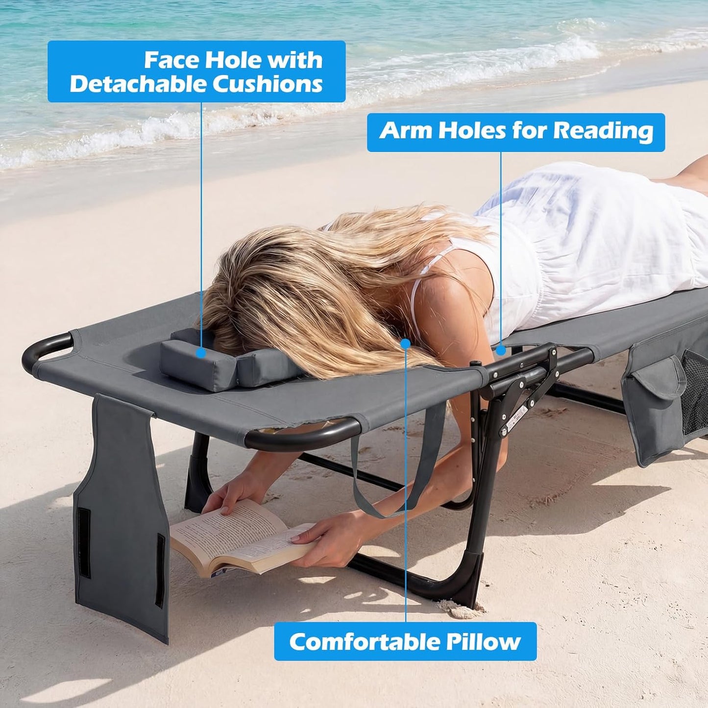 COSTWAY Tanning Chair with Face Hole, Folding Beach Lounge Chair with 4-Position Adjustable Backrest, Pillow & Side Pocket, Foldable Chaise Lounge Chair Outdoor for Sunbathing, Camping (1, Grey)