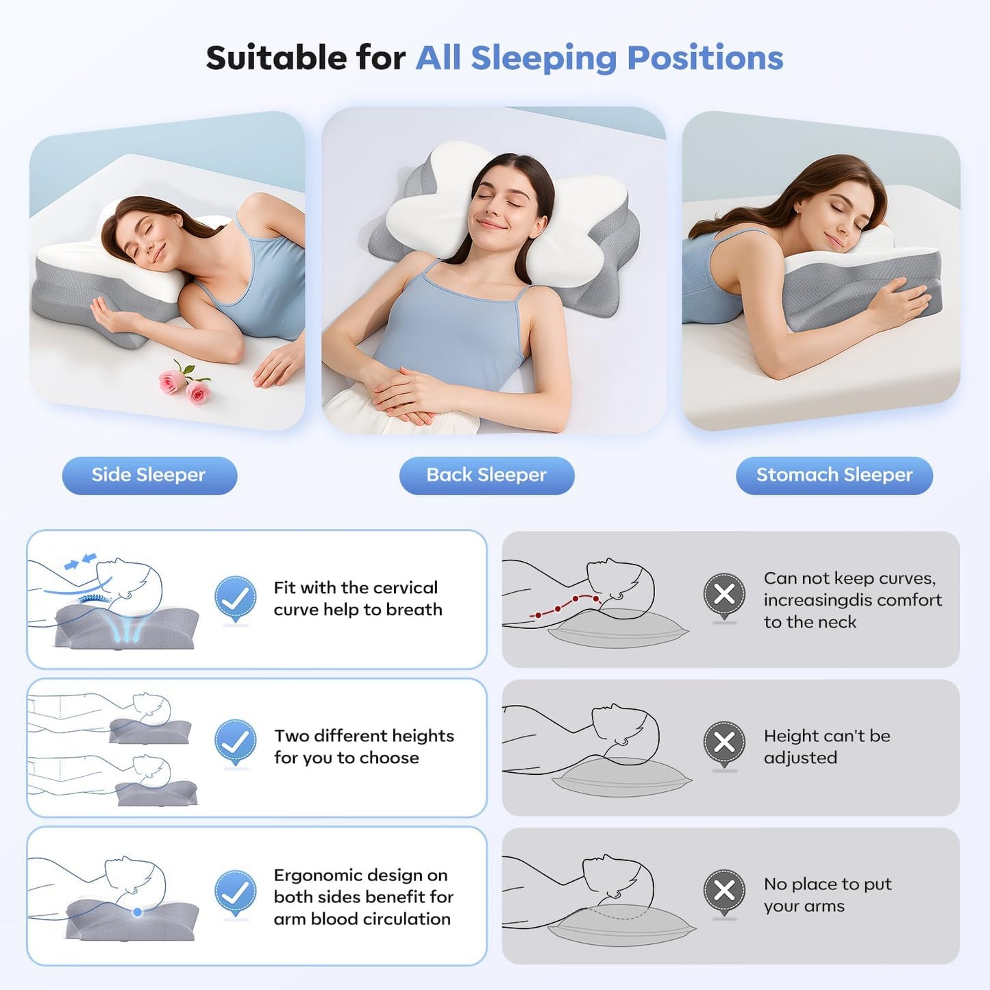 Cervical Neck Pillow, Ergonomic Memory Foam Pillows for Neck Pain Relief with Breathable Pillowcase, Adjustable Contour Neck Support Pillow for Side Back Stomach Sleepers, Odorless