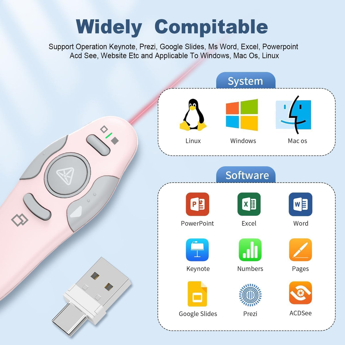 QUI Presentation Clicker Wireless Presenter Remote, Pink, A-C