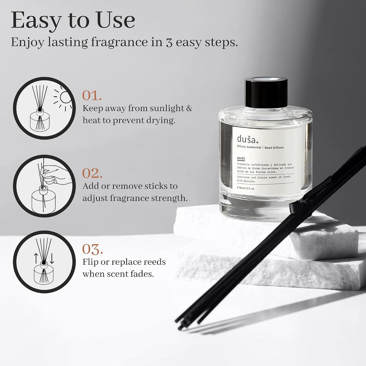 Duša Baies Scented Reed Diffuser & Sticks – 5 Fl Oz Essential Home Fragrance for Bathroom, Office & Living Spaces –Stylish & Long-Lasting Room Air Freshener –Ideal for Housewarming & Special Occasions