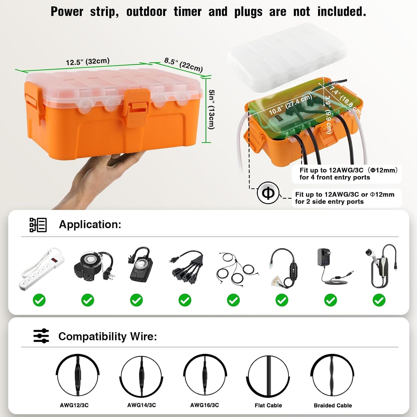 Flemoon Large Outdoor Electrical Box, Waterproof Extension Cord Cover | 6 Cable Entry Ports, IP54 Weatherproof Connection Box with Clear Lid for Photocell Light Sensor Timer, Outlet, Socket, Orange