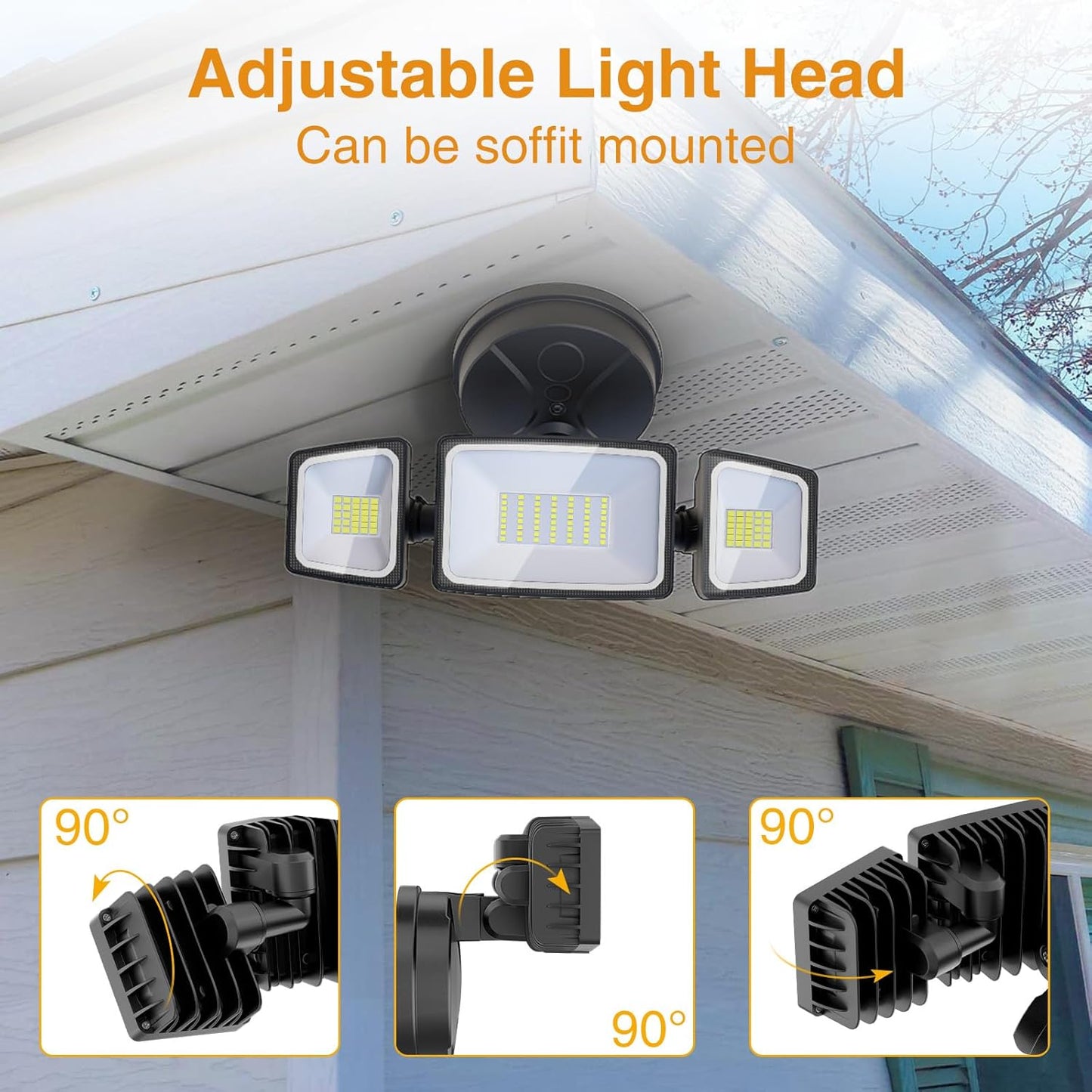 Onforu 75W Flood Lights Outdoor, 7000LM Brightness Security Lights Switch Controlled, 3 Adjustable Heads, IP65 Waterproof, 6500K Wall Mount Exterior LED Flood Light