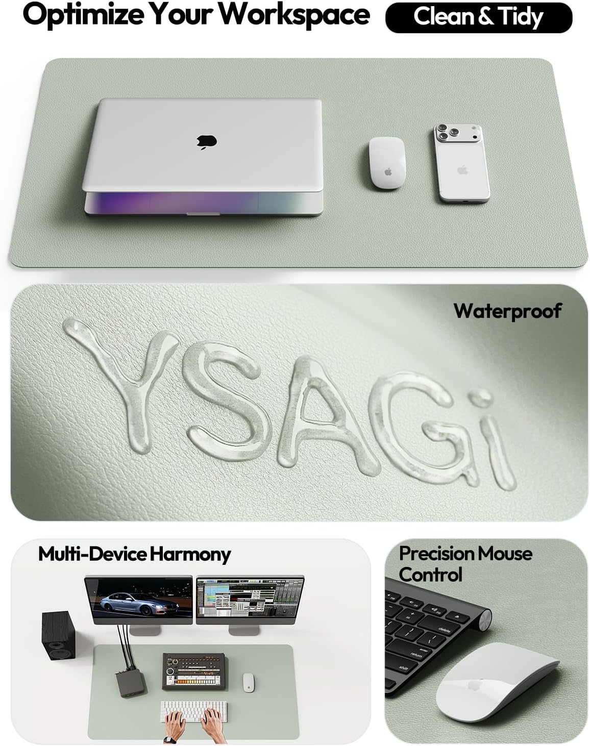 YSAGi Leather Desk Protector, Office Mat, Large Mouse Mat, Non-Slip PU Leather Blotter, Laptop Desk Pad, Waterproof Writing Pad for Office and Home (Grayish Green, 47.2" x 23.6")