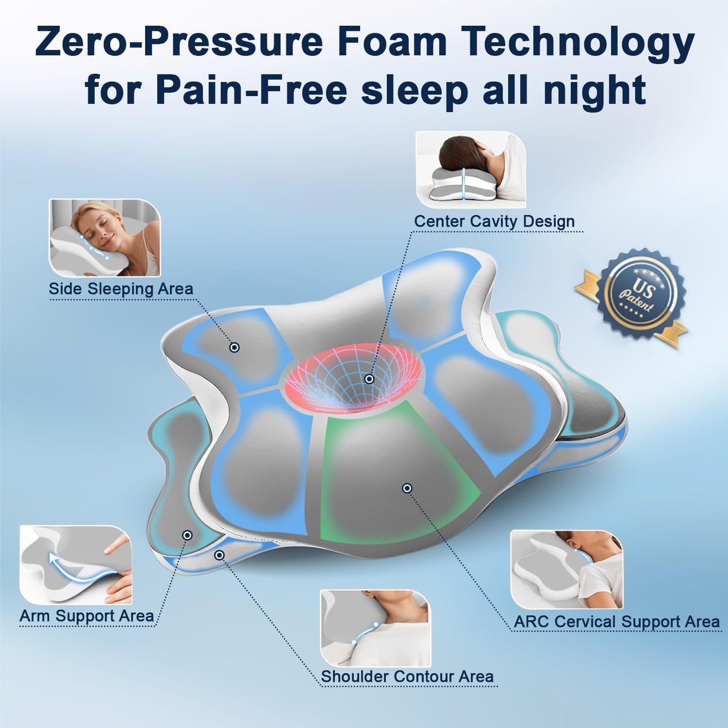 Dreams Relief Pillow,Sleep Apnea Pillow w/Neck & Snoring Relief,Orthopedic & Ergonomic Contour Cervical Memory Foam Cooling Pillow for Side Sleepers,Medium Firm Support (Grey, Queen Size)