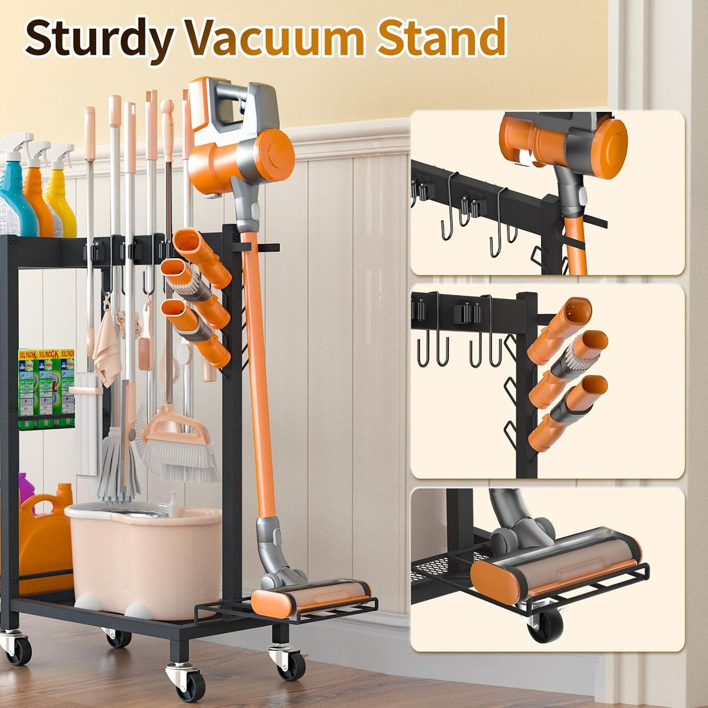 Broom Holder with Cleaning Supplies Organizer Load 350 LBS Cleaning Cart with Wheels Broom Closet Storage with 3-Tier Shelves, 6 Mop Hanger Grippers, 3 Double-Hooks, Vacuum Stand for Laundry Garage