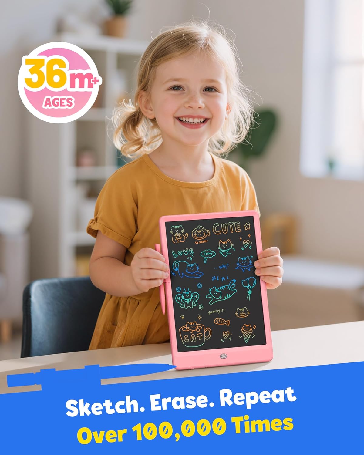 TEKFUN LCD Writing Tablet for Kids, 10-inch Coloring Drawing Pad, Mess Free Doodle Board, Airplane Travel Toys for Boys and Toddlers, Road Trip Essentials, Gifts for 3 4 5 6 7 8 Year Old Girls (Pink)