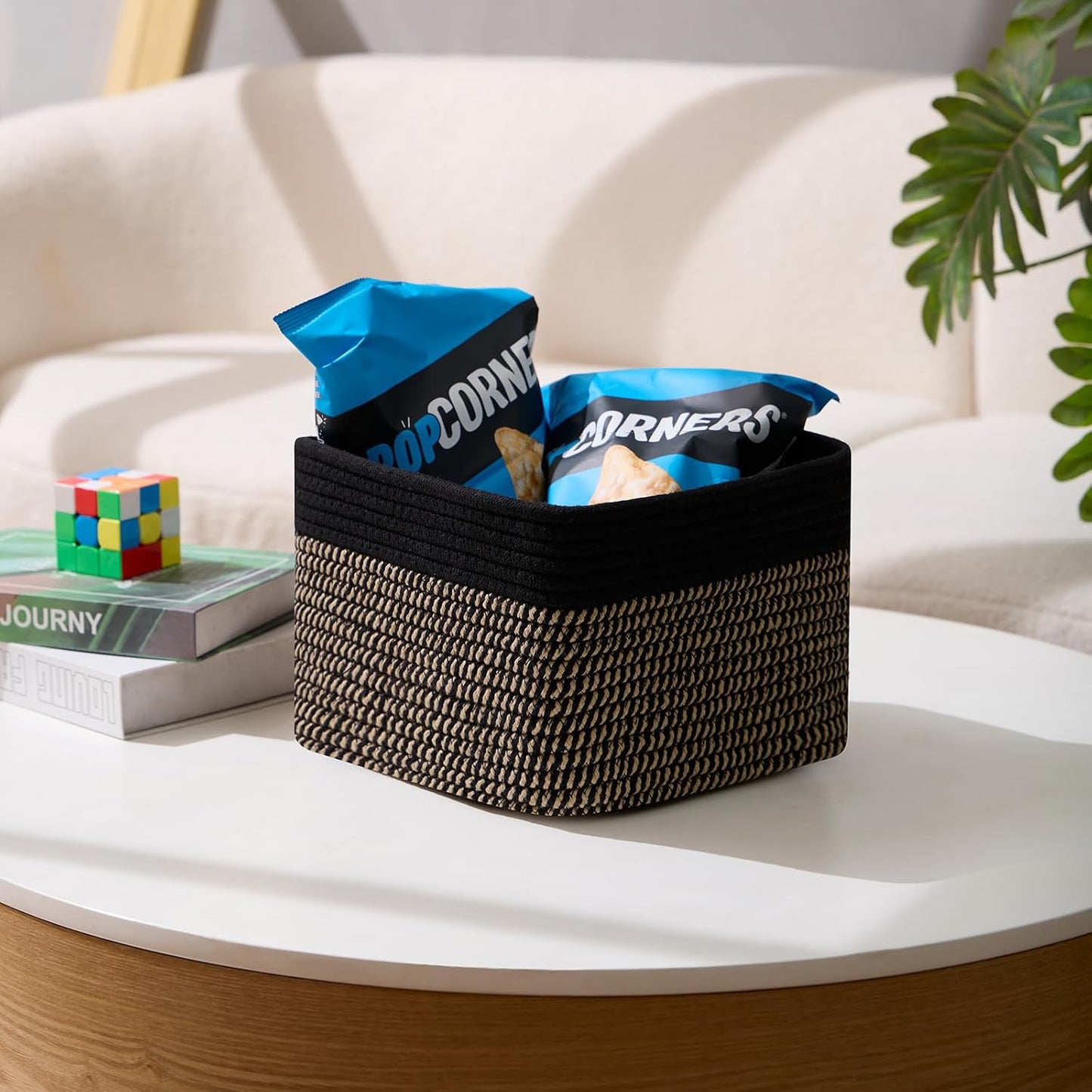 MiniArk Small Organizing Baskets for Cubes Shelf, 9.7x9.7x7.1 Inch Rope Woven Storage Bins for Nursery Shelves Storage, Cute Toy Basket, Square 3 Packs Black Brown