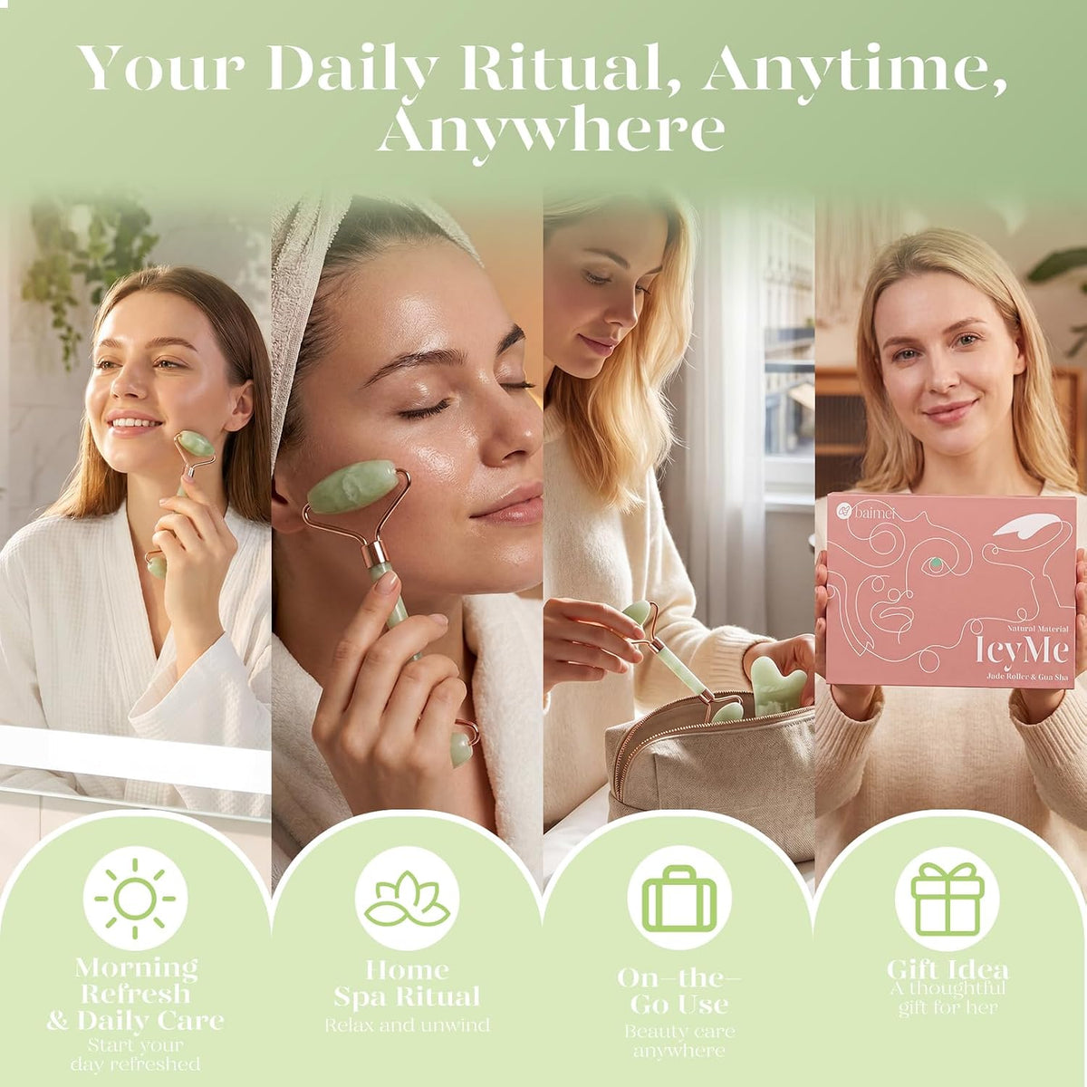 BAIMEI IcyMe Jade Roller & Gua Sha Facial Tool Set for Face Depuffing
